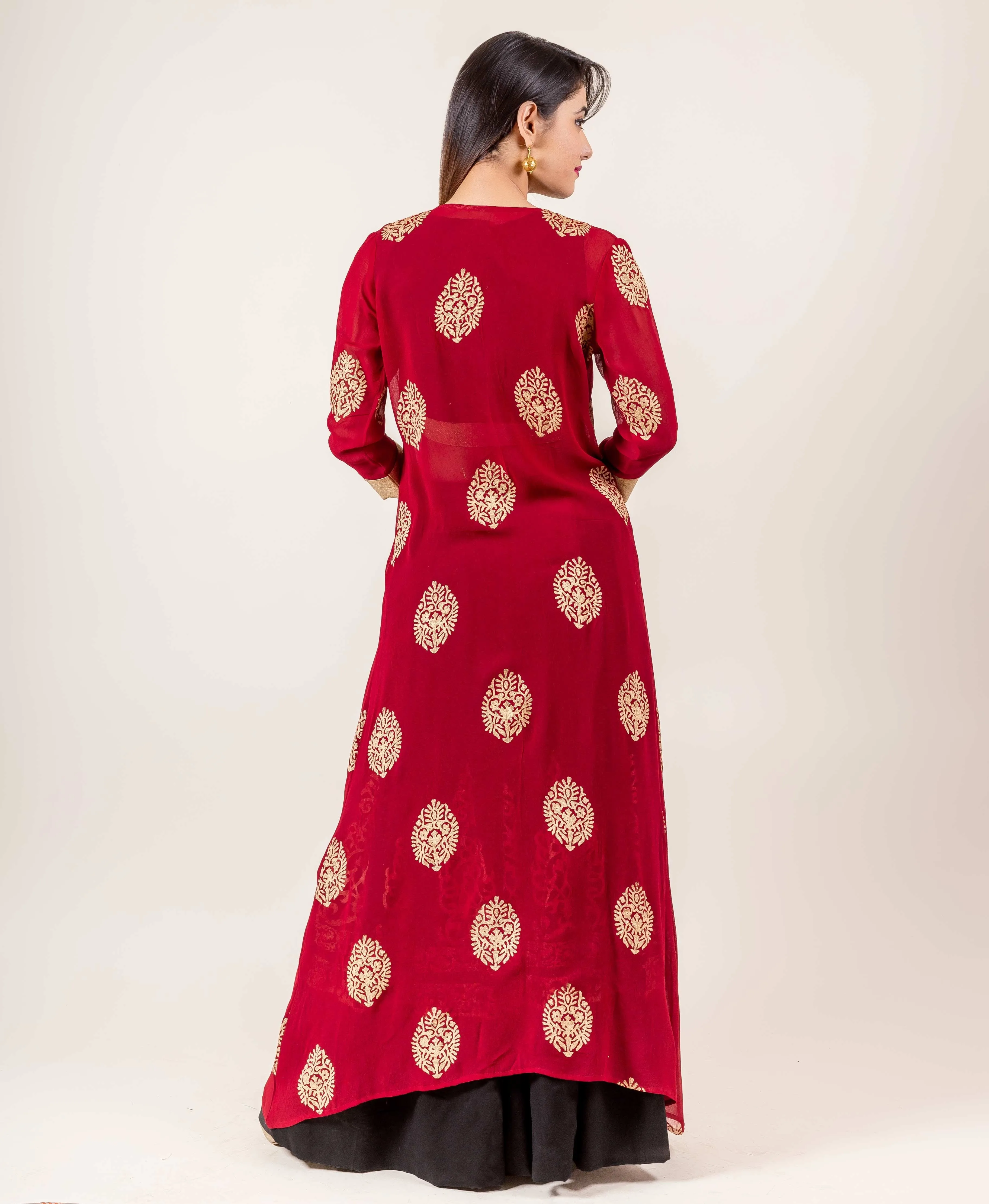 Jacket Style Indo Western Dress With Golden Prints In Red And Black Hues