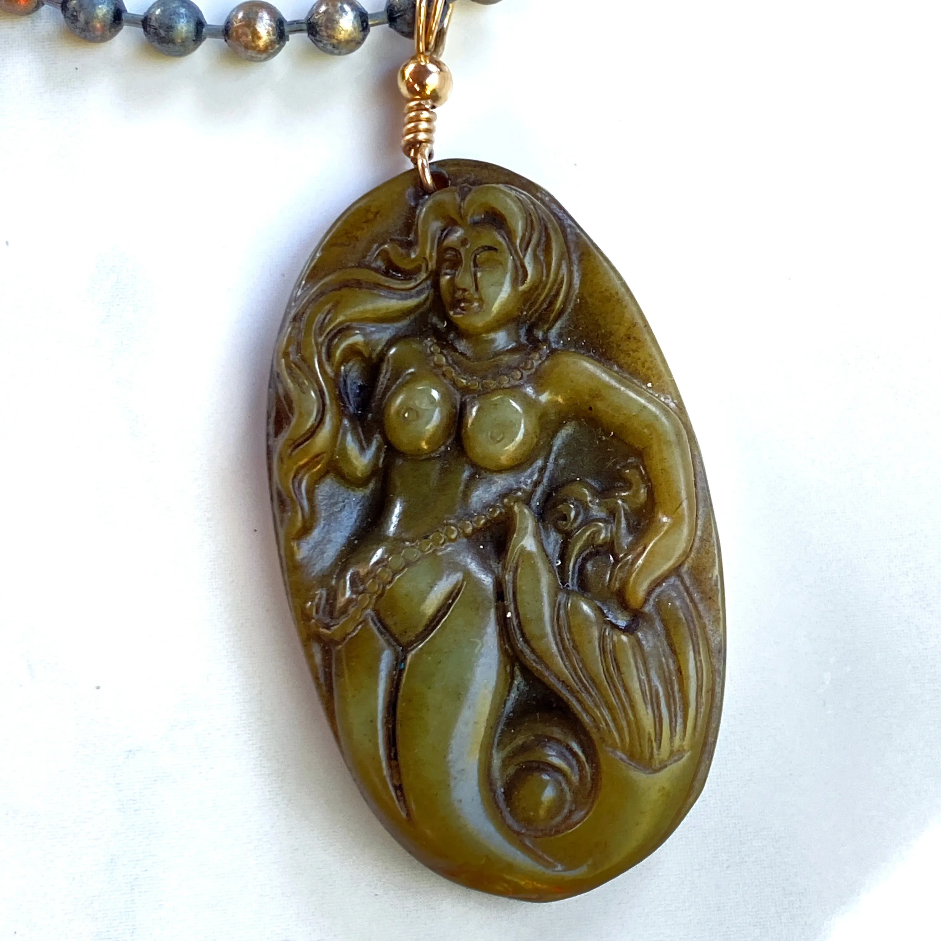 Jade Gemstone Carved Mermaid Pendant Hand Wrapped on Copper Chain