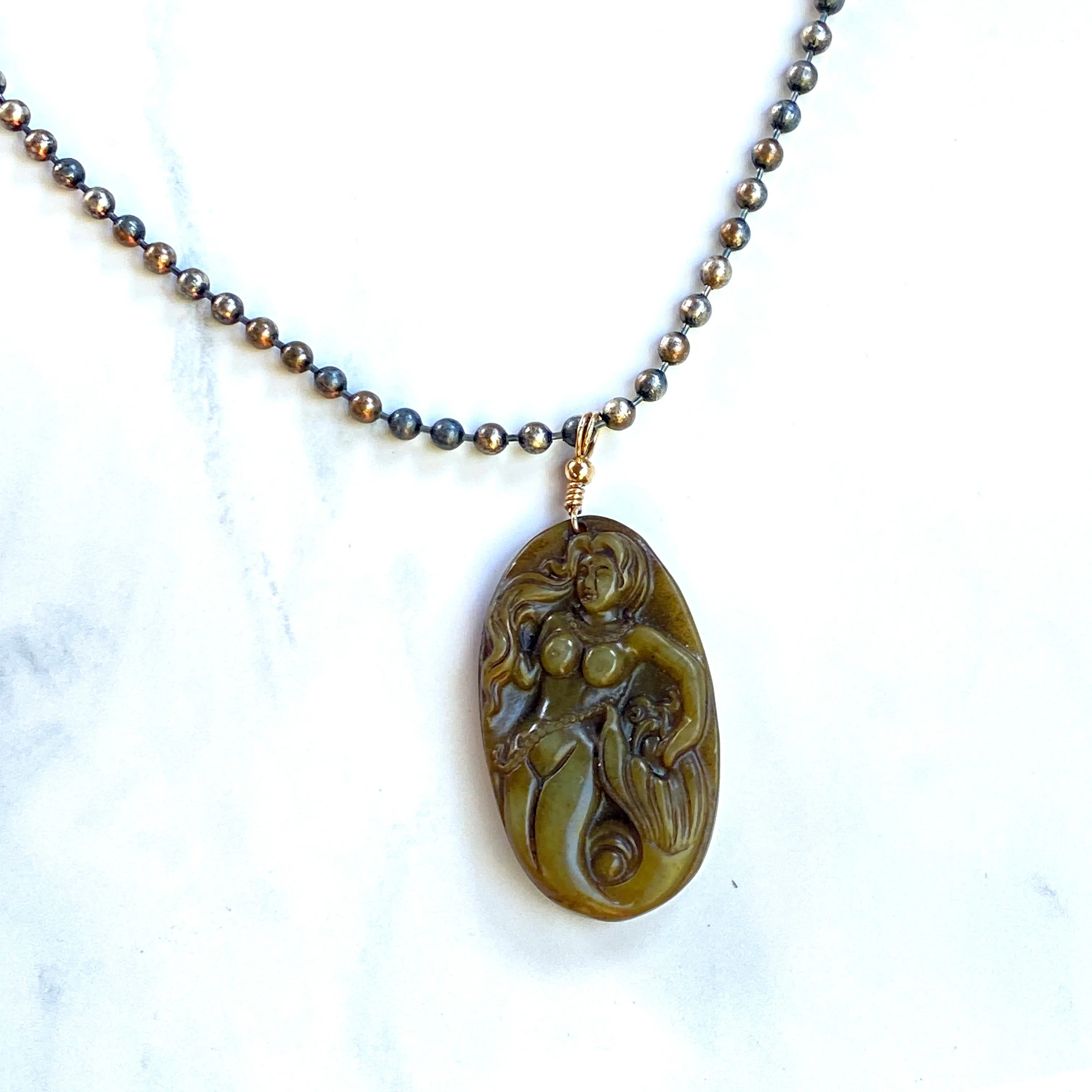 Jade Gemstone Carved Mermaid Pendant Hand Wrapped on Copper Chain