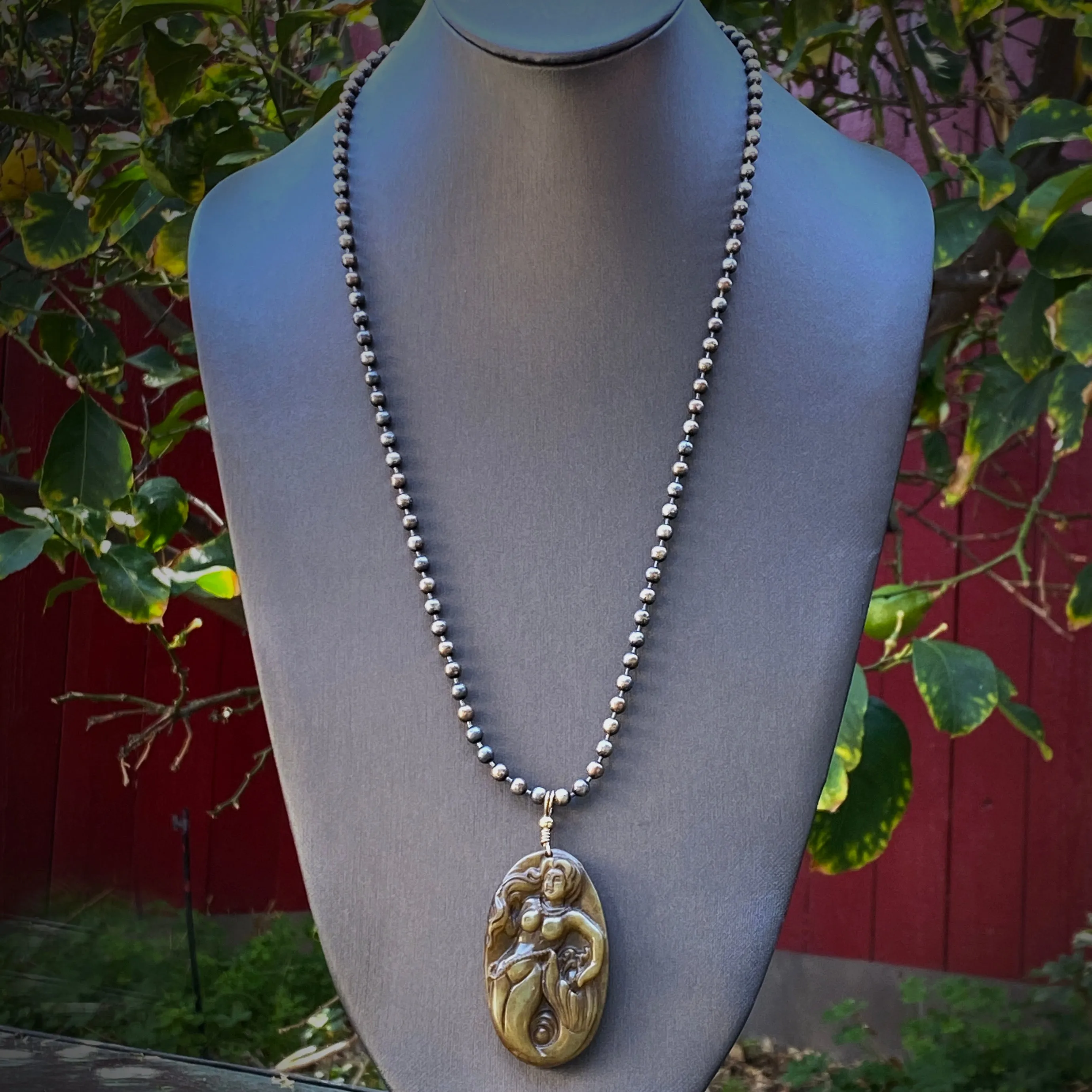 Jade Gemstone Carved Mermaid Pendant Hand Wrapped on Copper Chain