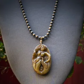 Jade Gemstone Carved Mermaid Pendant Hand Wrapped on Copper Chain