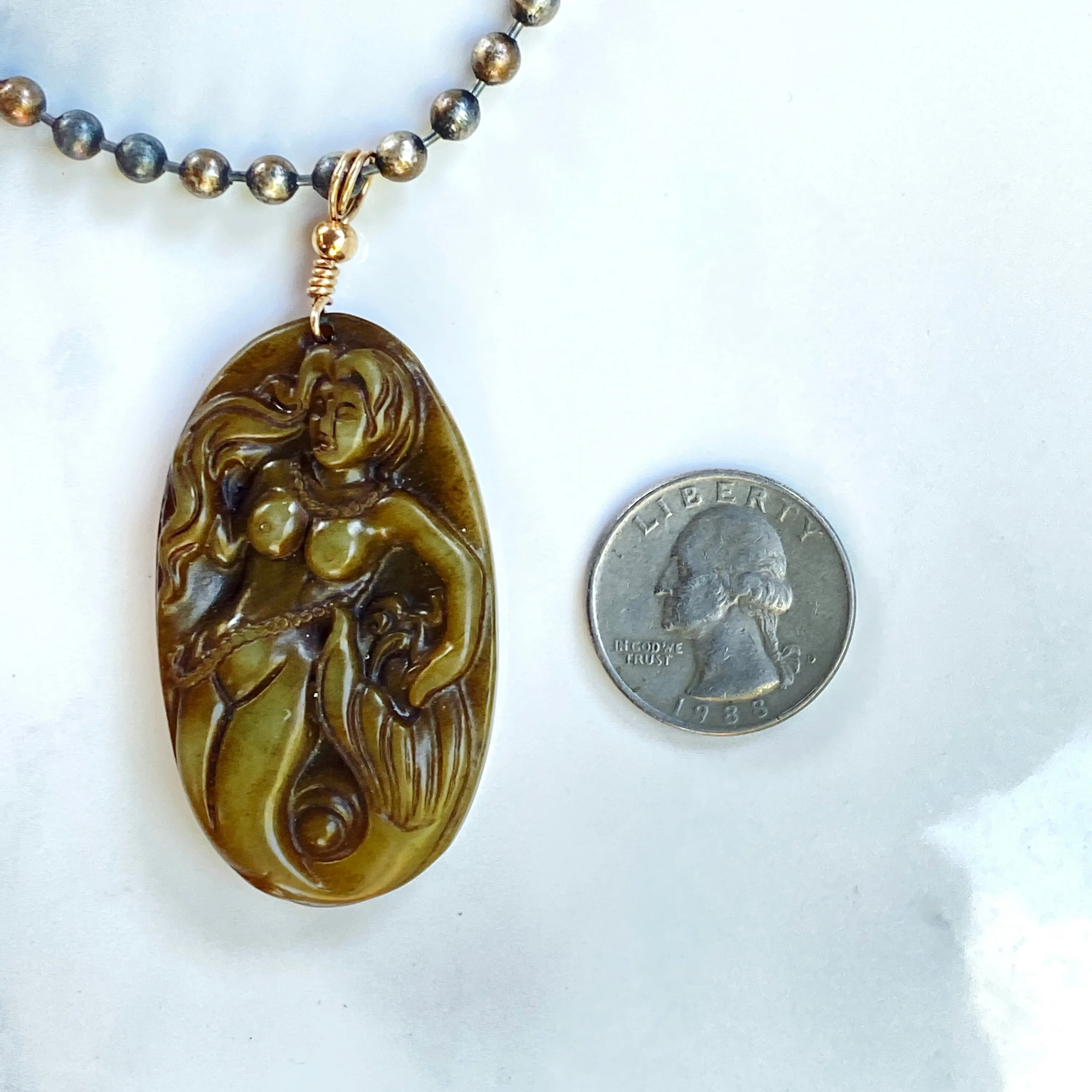 Jade Gemstone Carved Mermaid Pendant Hand Wrapped on Copper Chain