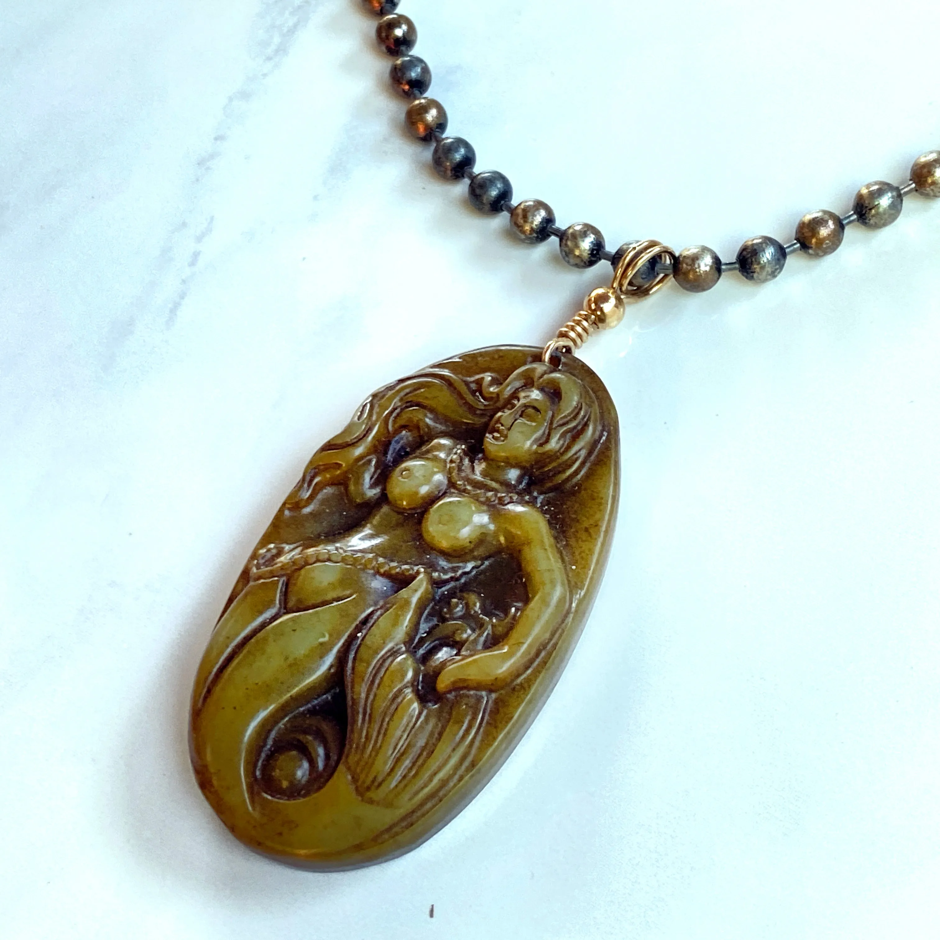 Jade Gemstone Carved Mermaid Pendant Hand Wrapped on Copper Chain