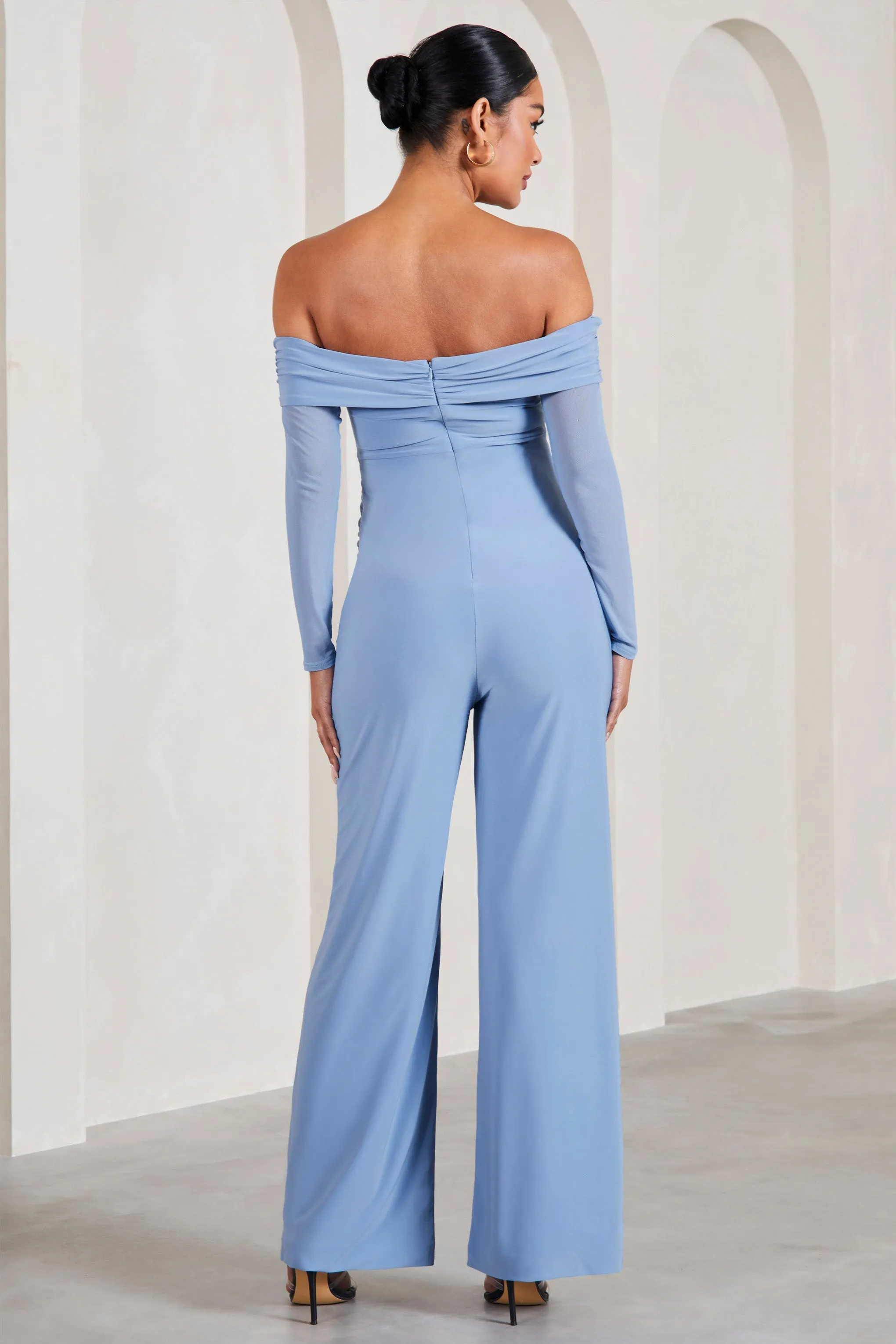 Kyla | Cornflower Blue Ruched Bardot Long-Sleeved Wide-Leg Maternity Jumpsuit