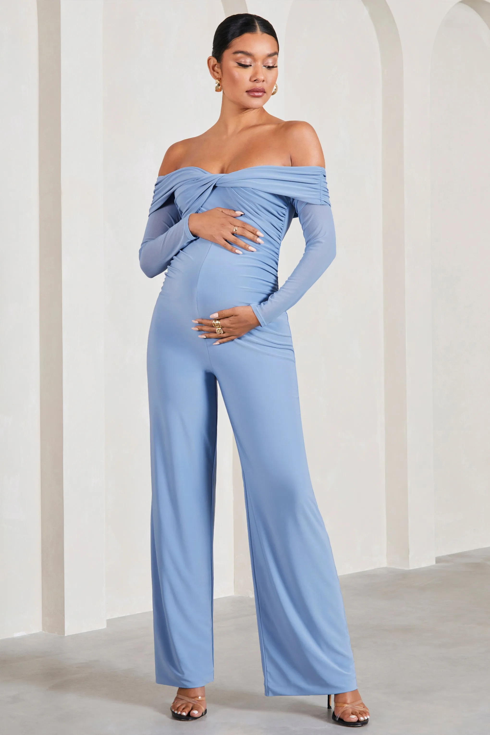 Kyla | Cornflower Blue Ruched Bardot Long-Sleeved Wide-Leg Maternity Jumpsuit