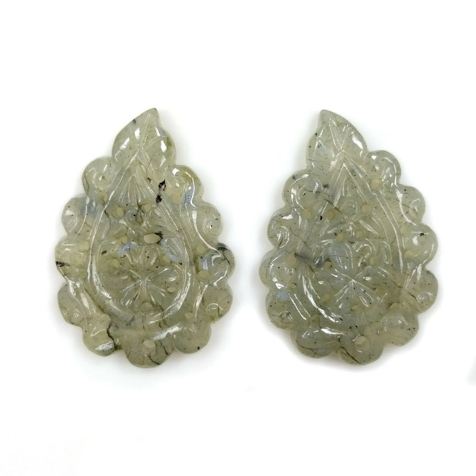 LABRADORITE Gemstone LEAF CARVING : 38.50cts Natural Untreated Labradorite Gemstone Hand Carved Indian Leaves 32*22mm Pair For Earrings