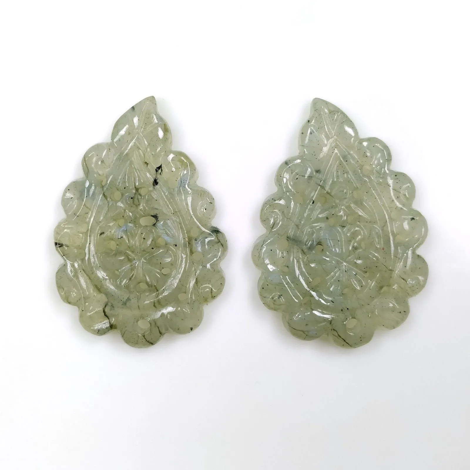 LABRADORITE Gemstone LEAF CARVING : 38.50cts Natural Untreated Labradorite Gemstone Hand Carved Indian Leaves 32*22mm Pair For Earrings