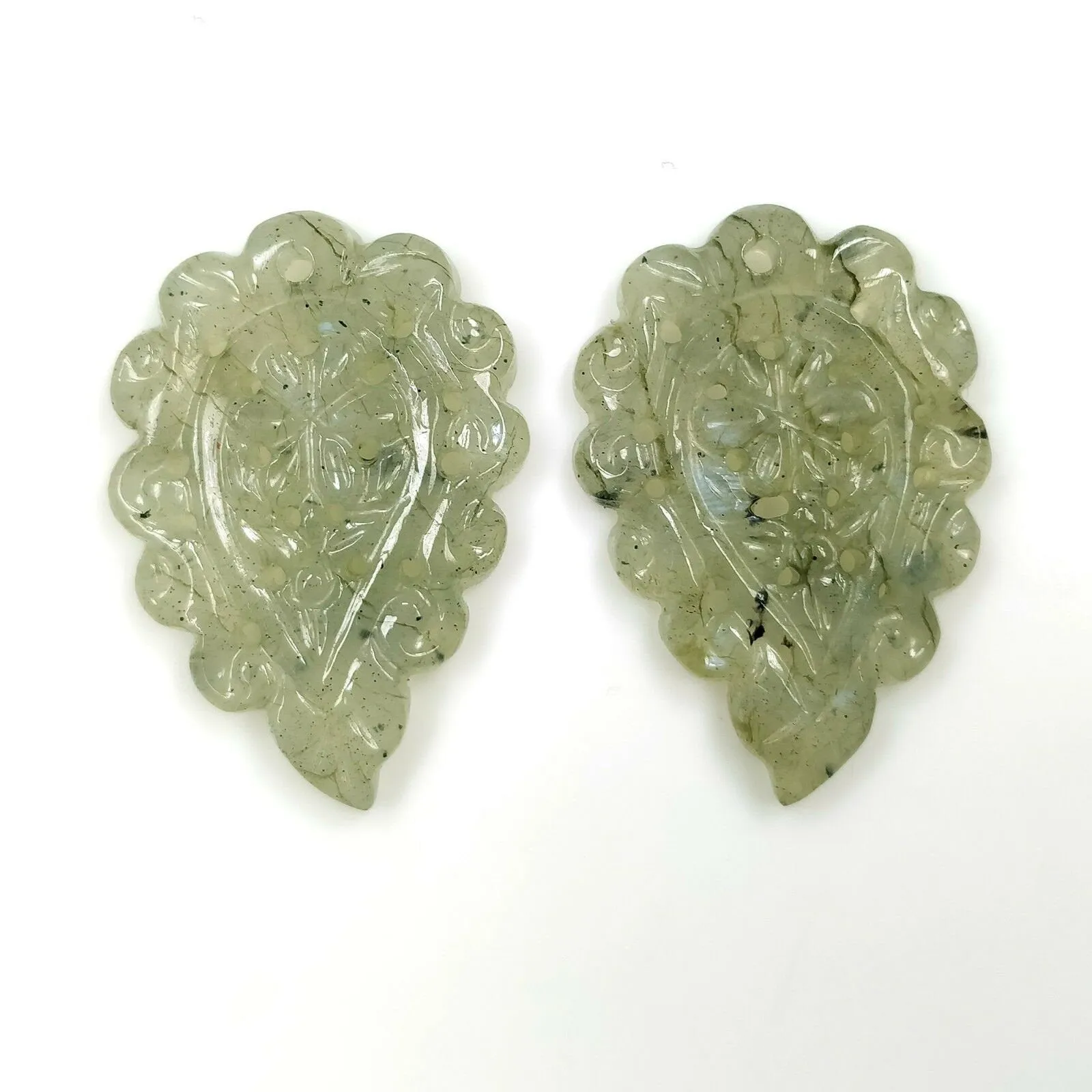 LABRADORITE Gemstone LEAF CARVING : 38.50cts Natural Untreated Labradorite Gemstone Hand Carved Indian Leaves 32*22mm Pair For Earrings