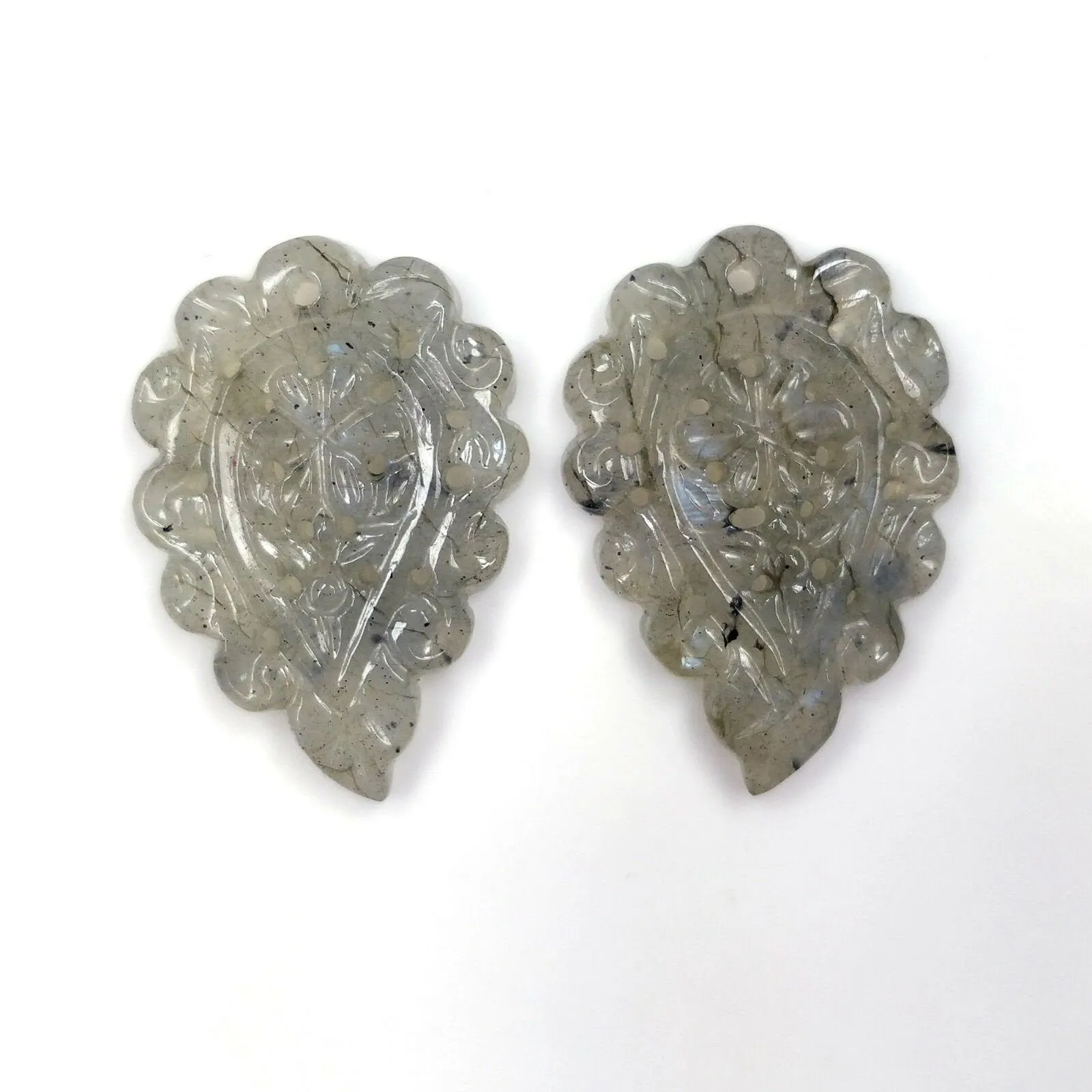 LABRADORITE Gemstone LEAF CARVING : 38.50cts Natural Untreated Labradorite Gemstone Hand Carved Indian Leaves 32*22mm Pair For Earrings