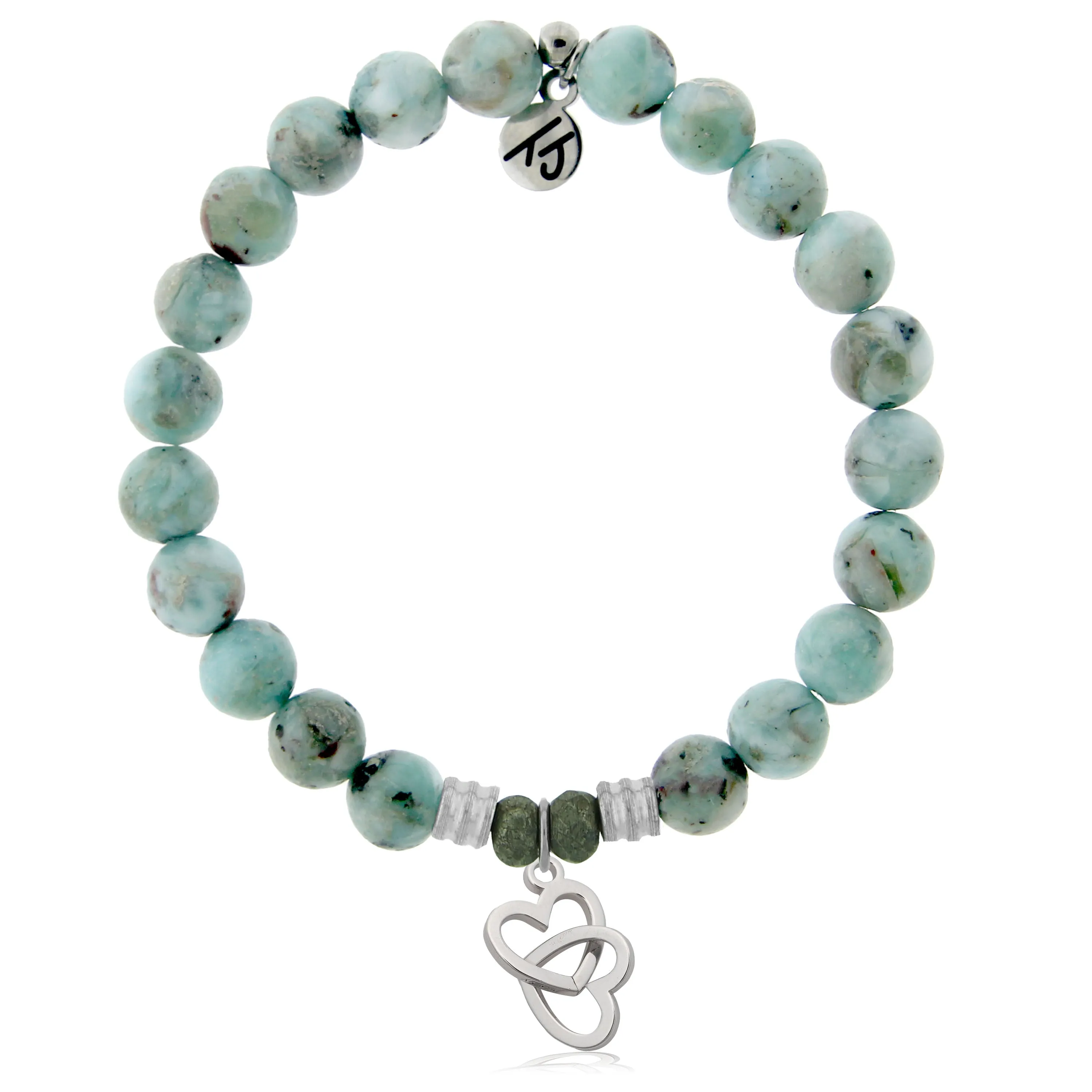 Larimar Gemstone Bracelet with Linked Hearts Sterling Silver Charm