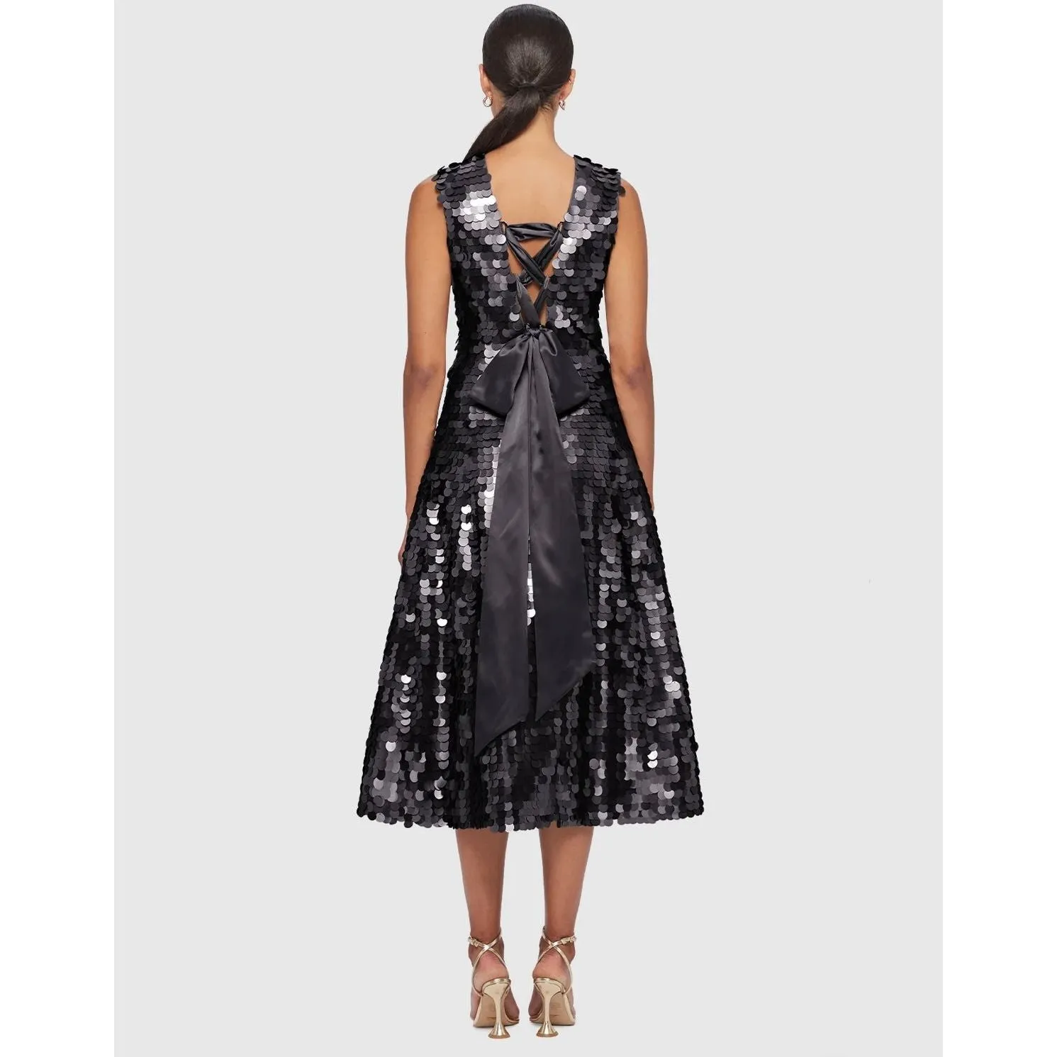 Leo Lin Priscilla Sequin Sleeveless Tie Back Midi Dress - Ebony