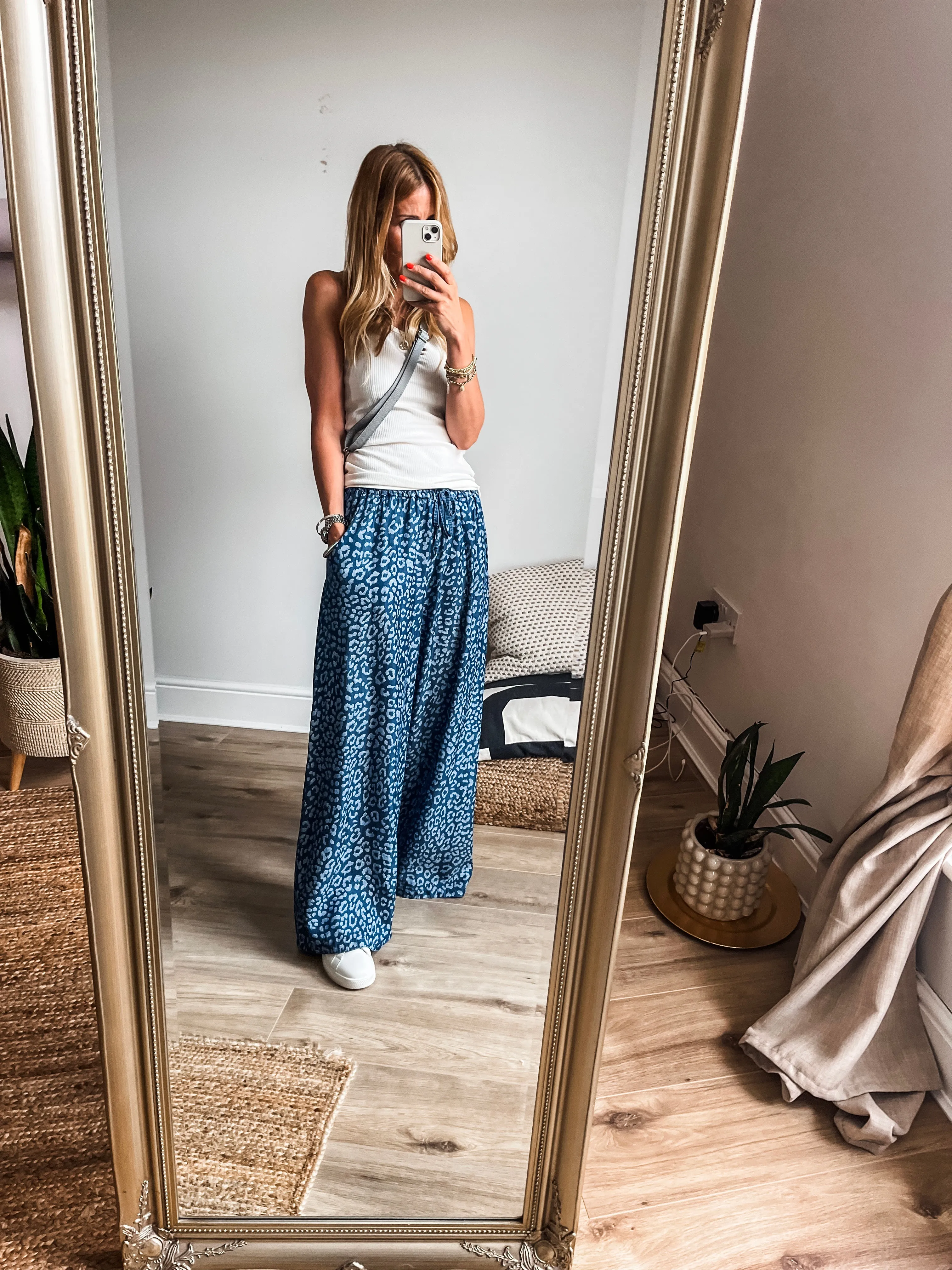 Leopard Print Chambray Wide Leg Trousers