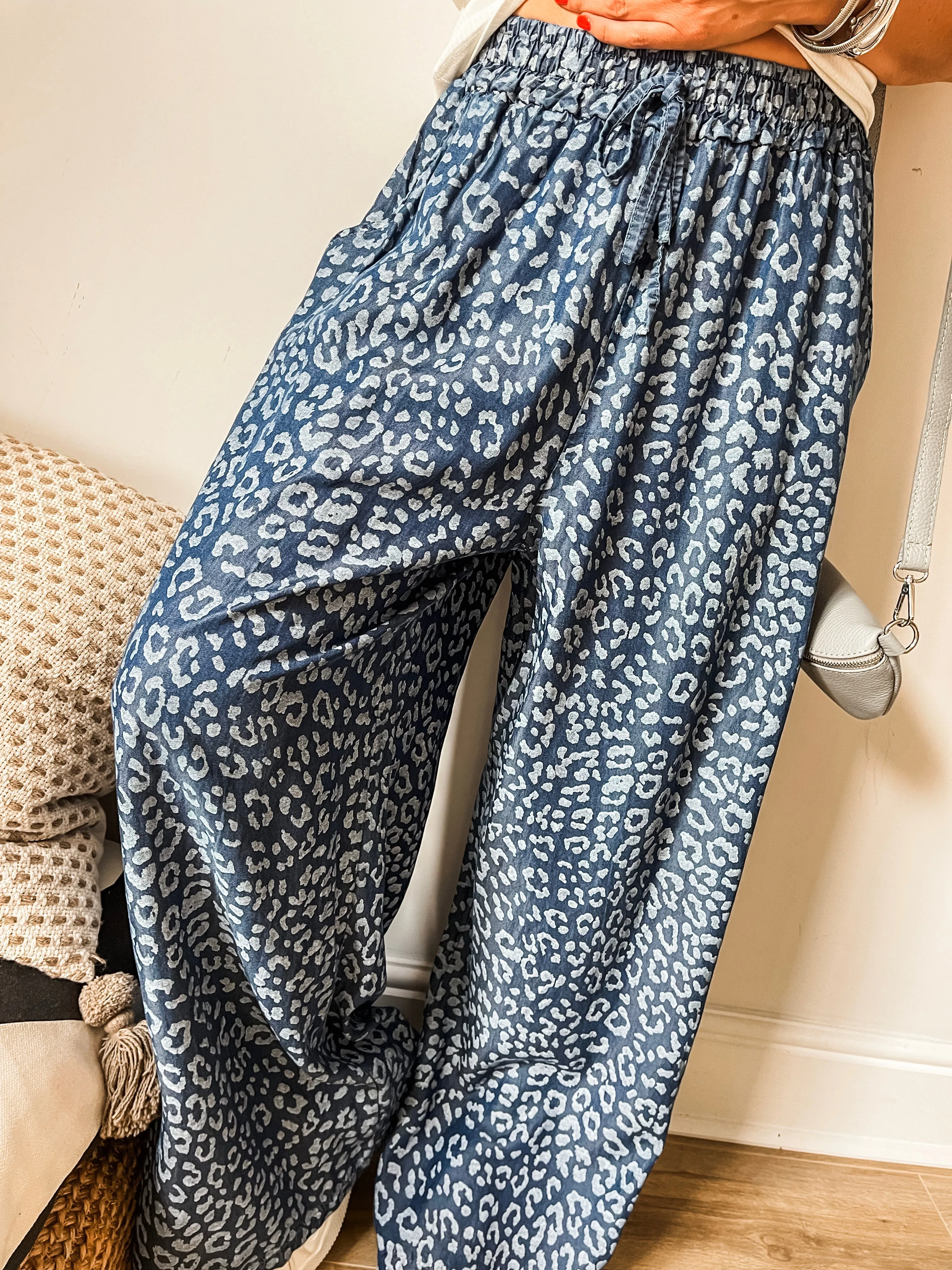 Leopard Print Chambray Wide Leg Trousers