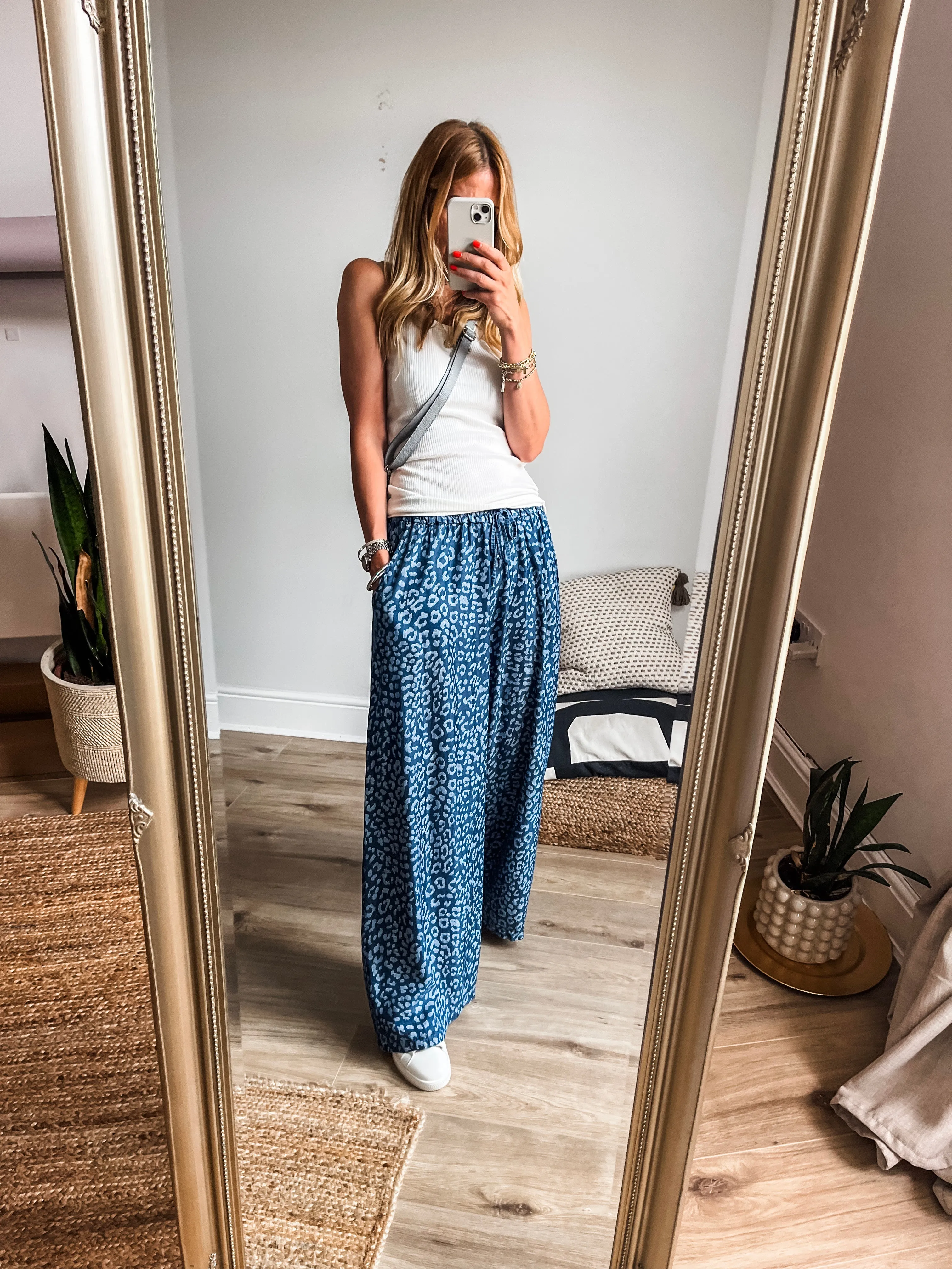 Leopard Print Chambray Wide Leg Trousers