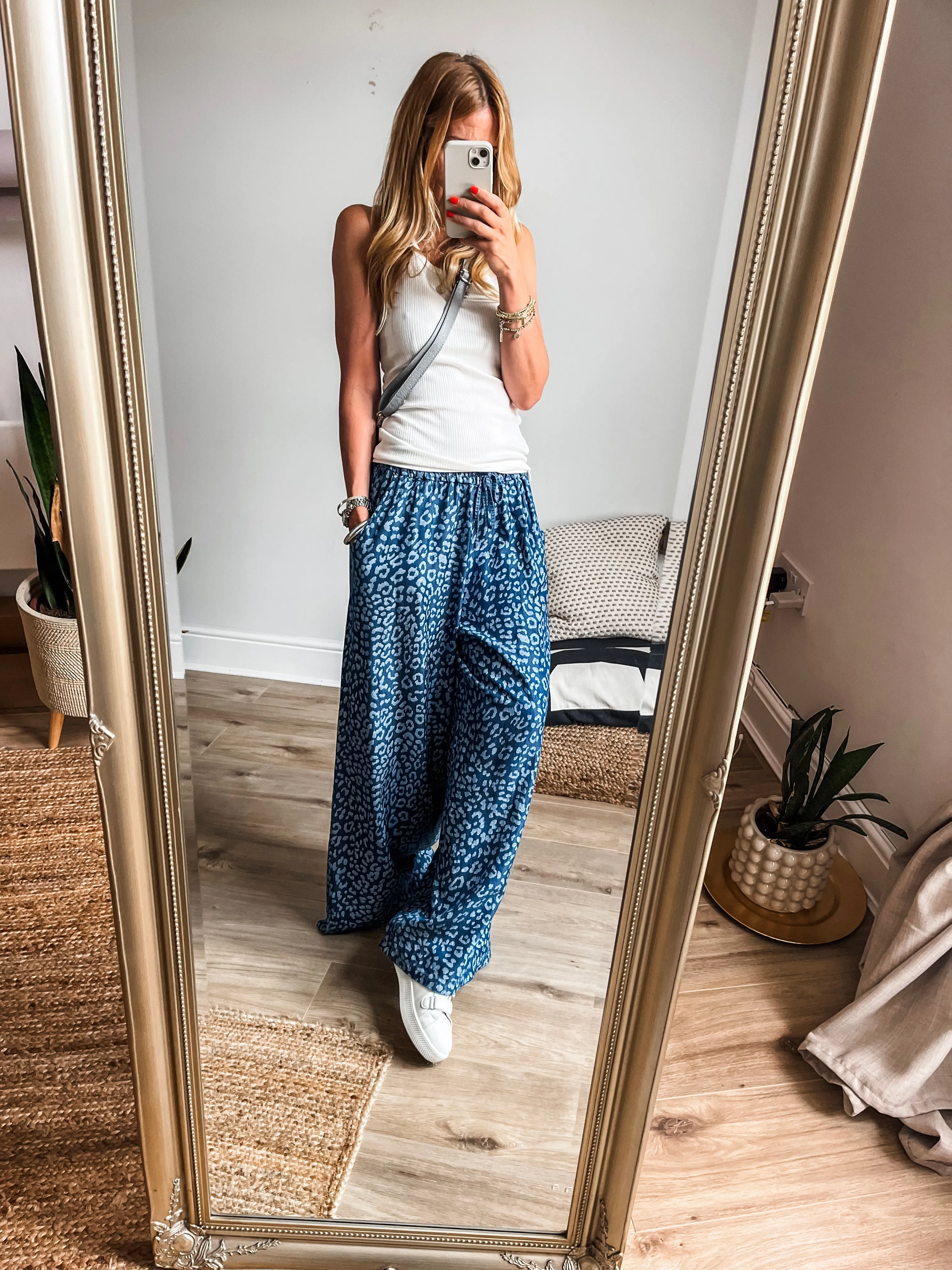 Leopard Print Chambray Wide Leg Trousers