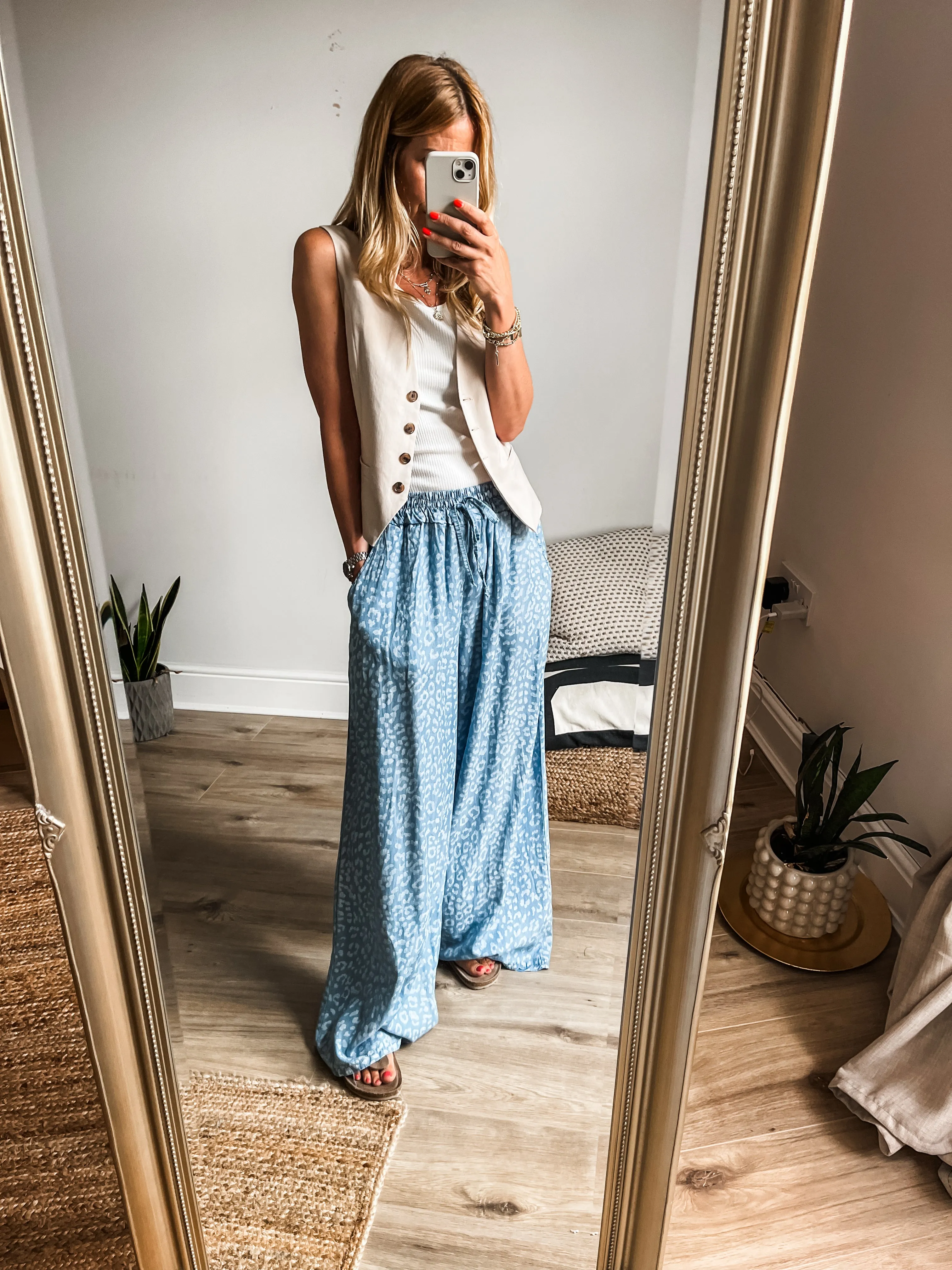 Leopard Print Chambray Wide Leg Trousers