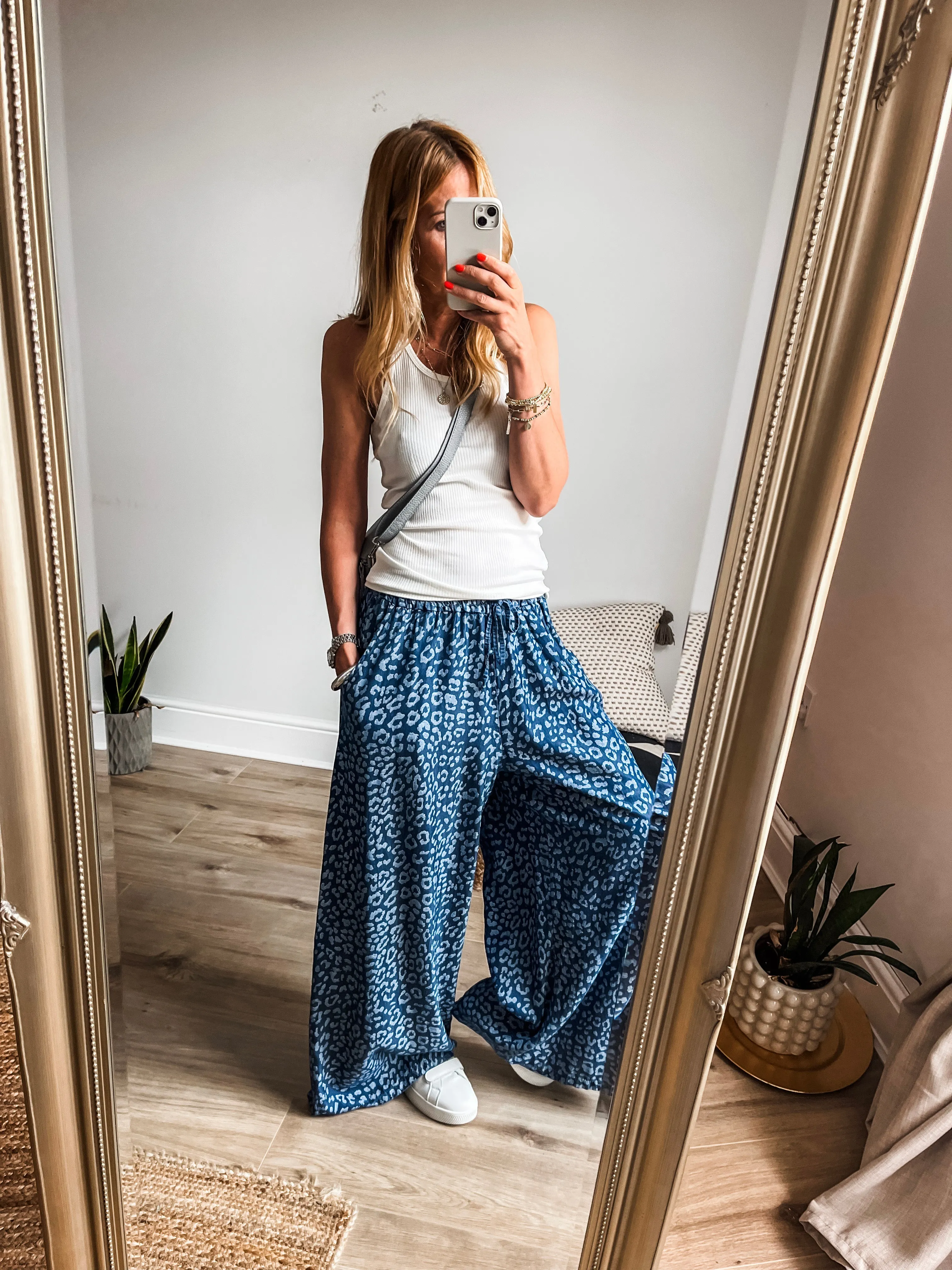 Leopard Print Chambray Wide Leg Trousers