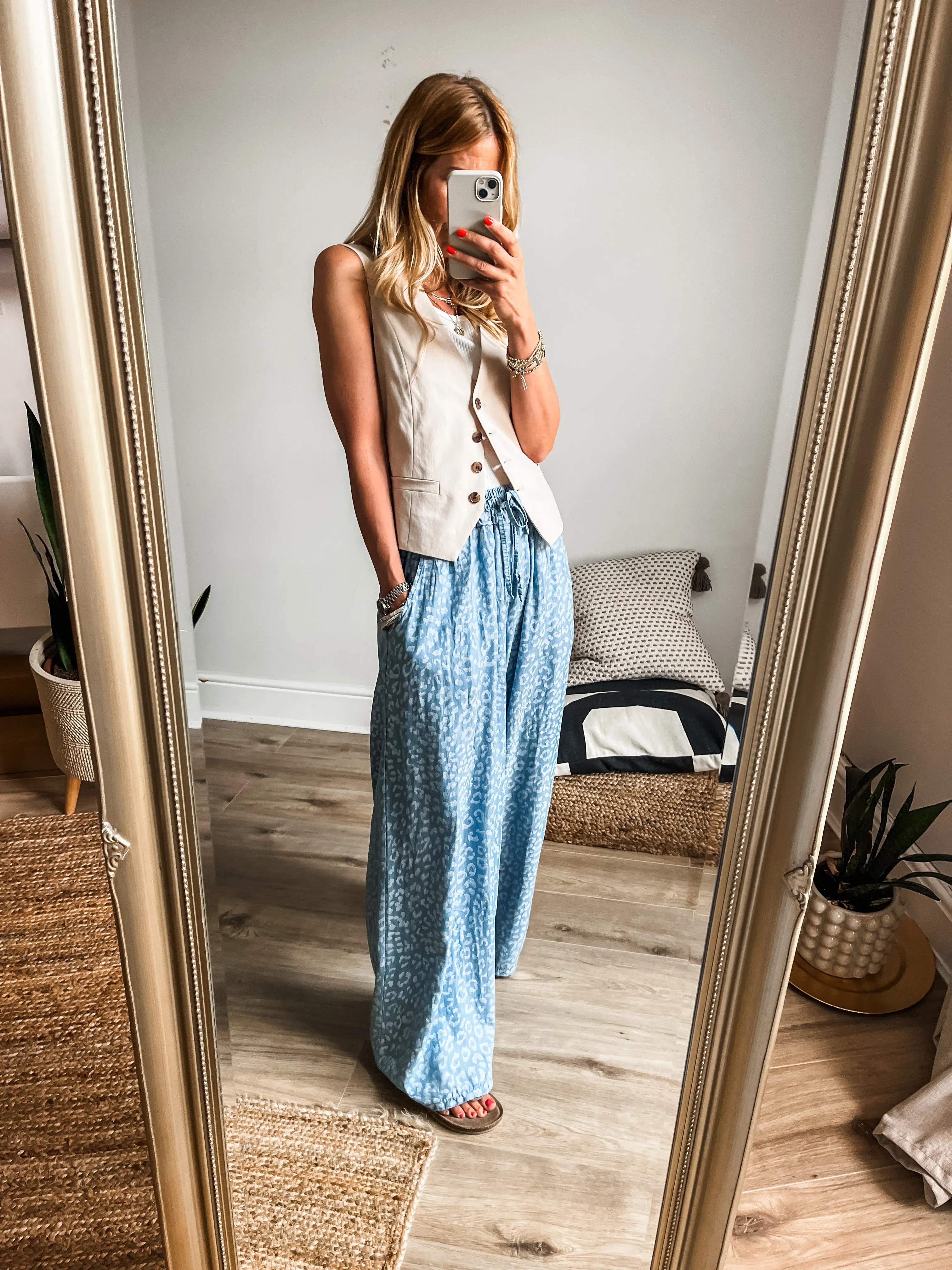 Leopard Print Chambray Wide Leg Trousers