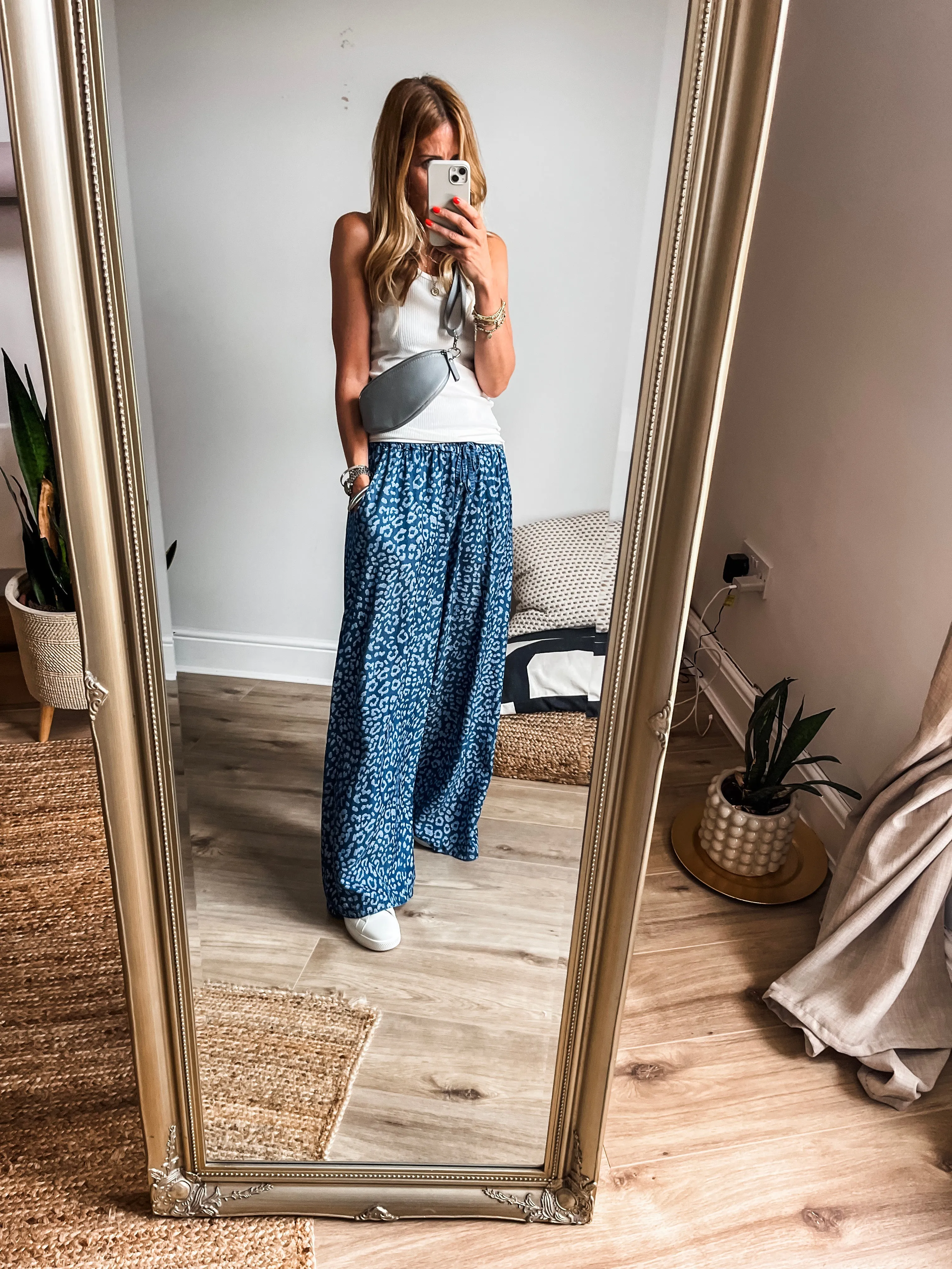 Leopard Print Chambray Wide Leg Trousers