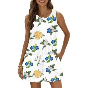 LG PRINT BLUE WHITE GOLD FLORAL All Over Print Vest Short Jumpsuit