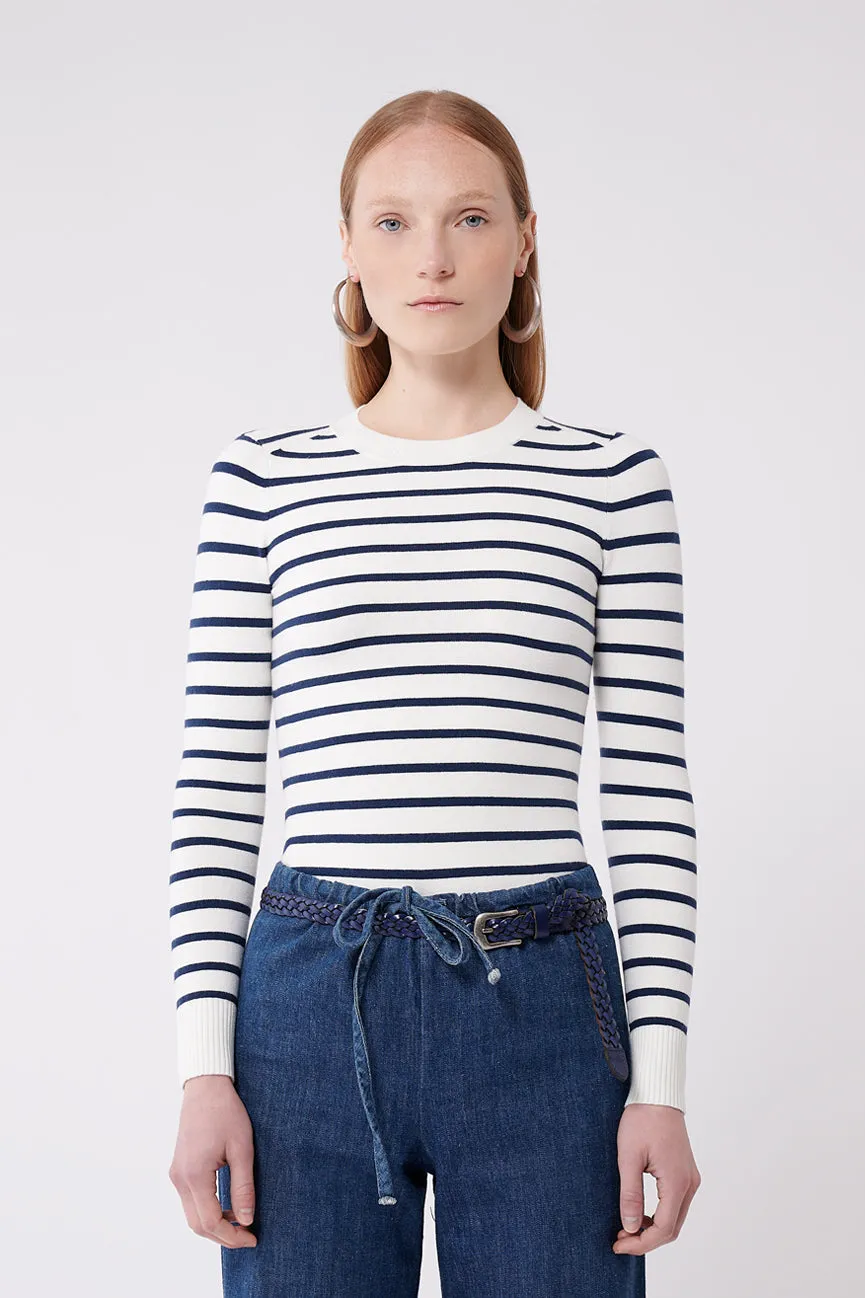 Marine Navy / White Stripe Peachskin Long Sleeve Crew Neck