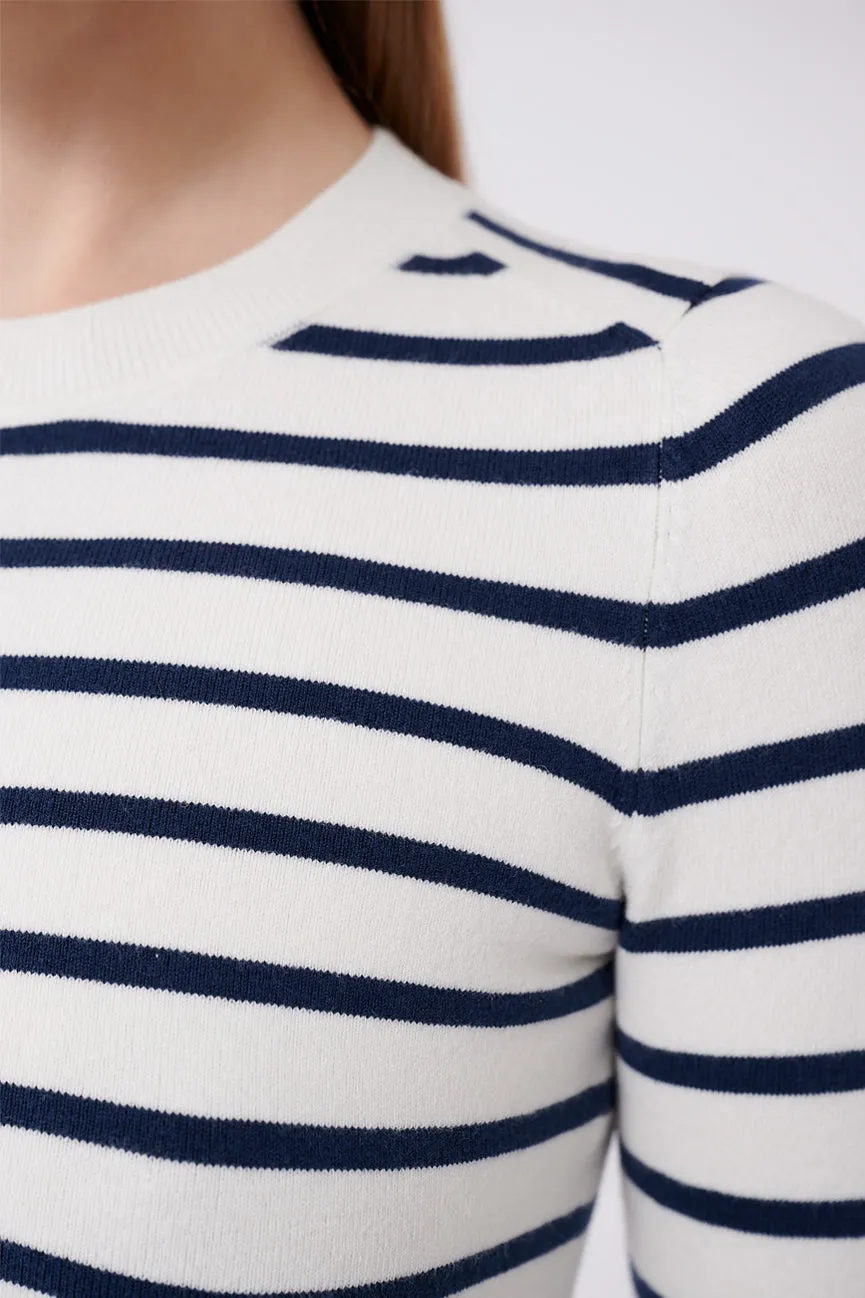 Marine Navy / White Stripe Peachskin Long Sleeve Crew Neck