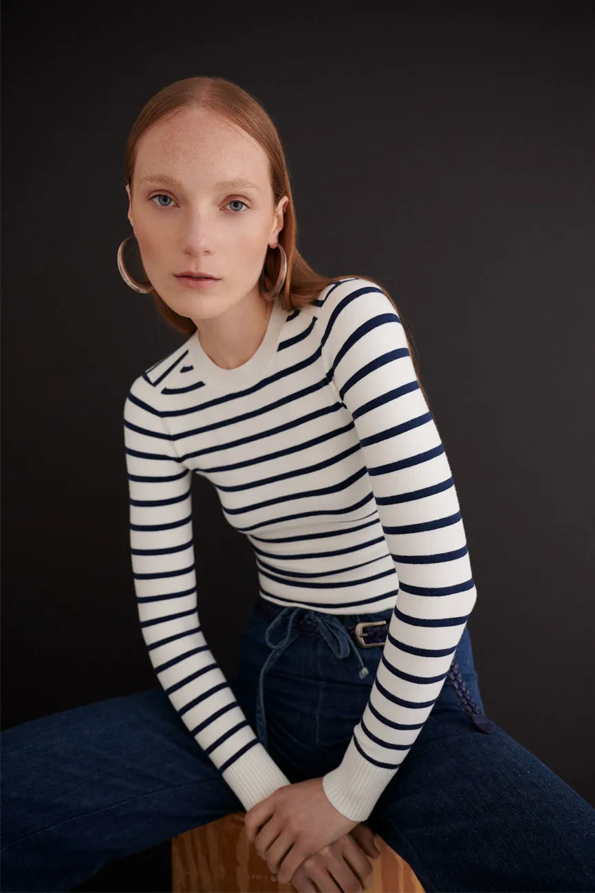 Marine Navy / White Stripe Peachskin Long Sleeve Crew Neck