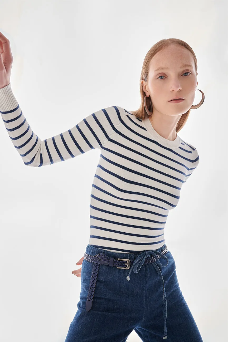 Marine Navy / White Stripe Peachskin Long Sleeve Crew Neck