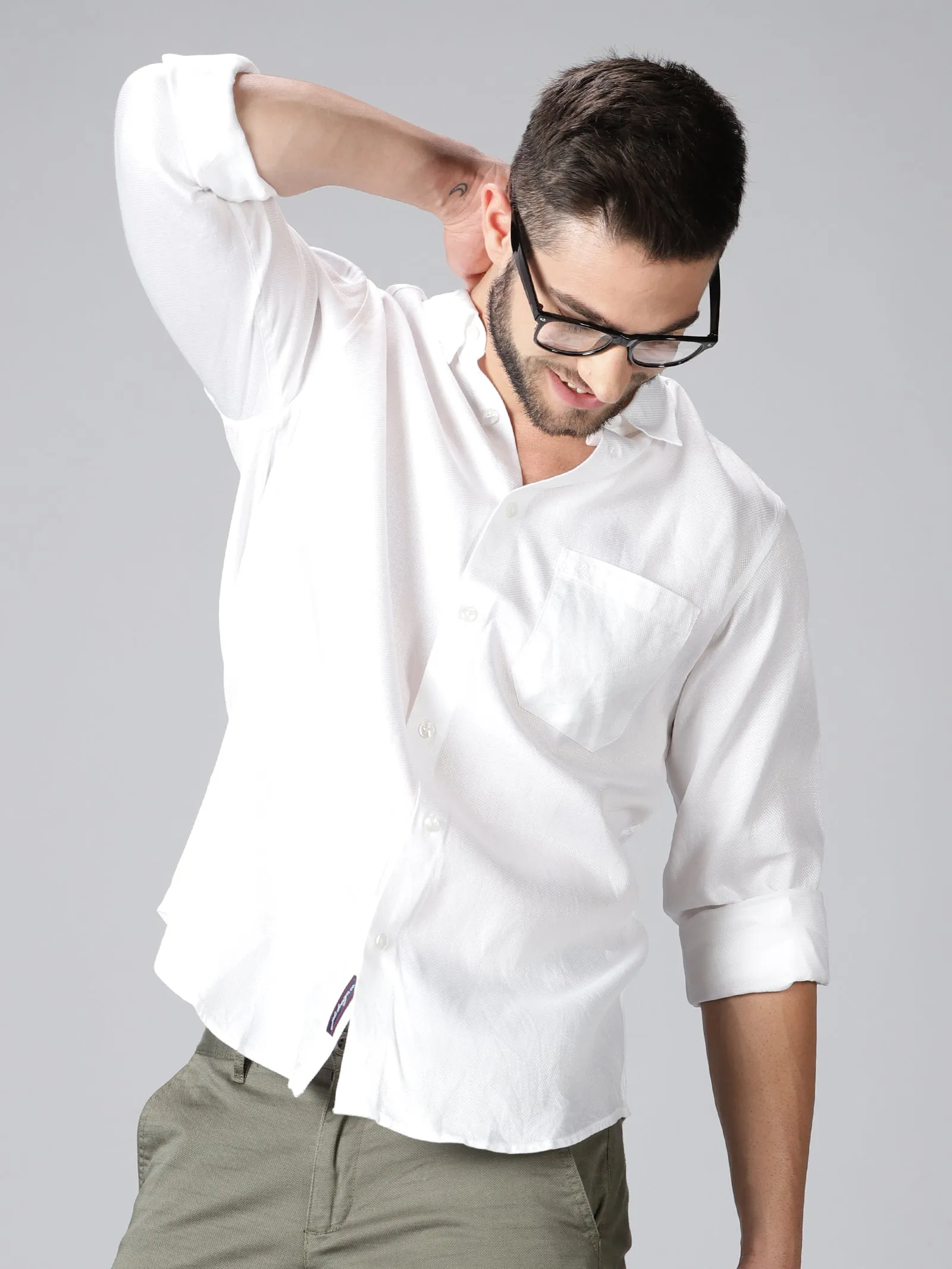 MEN'S DOBBY WHITE SOLID SLIM FIT SHIRT