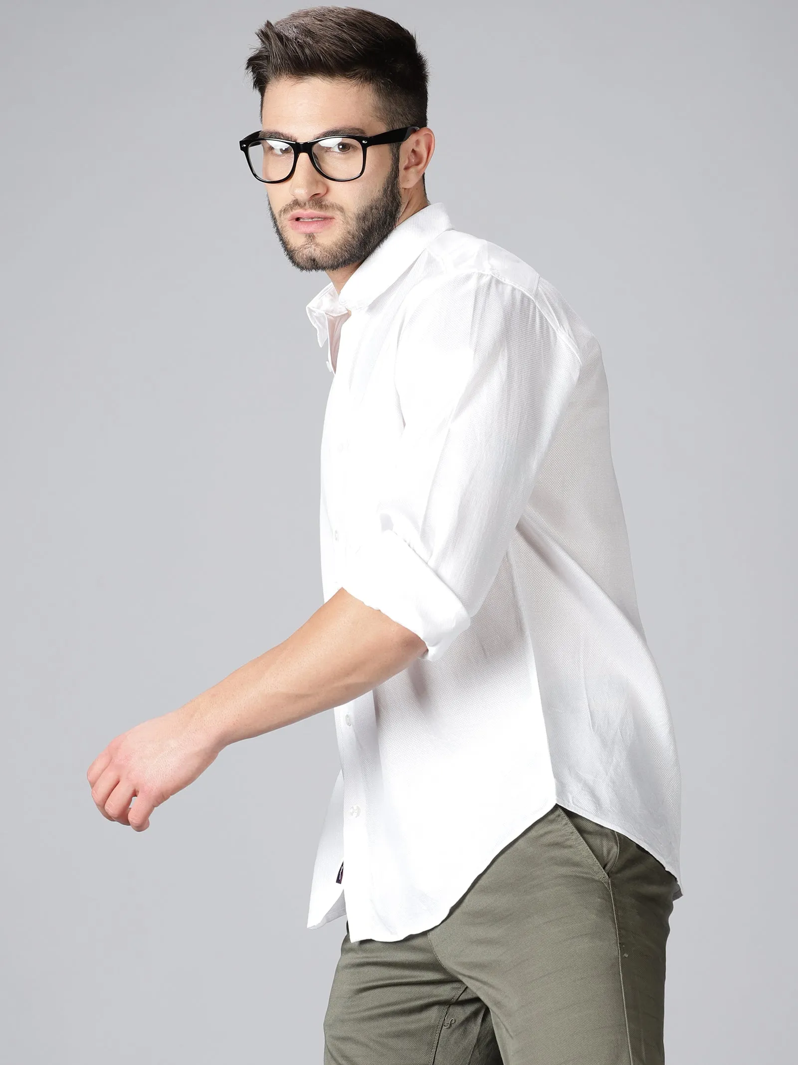 MEN'S DOBBY WHITE SOLID SLIM FIT SHIRT