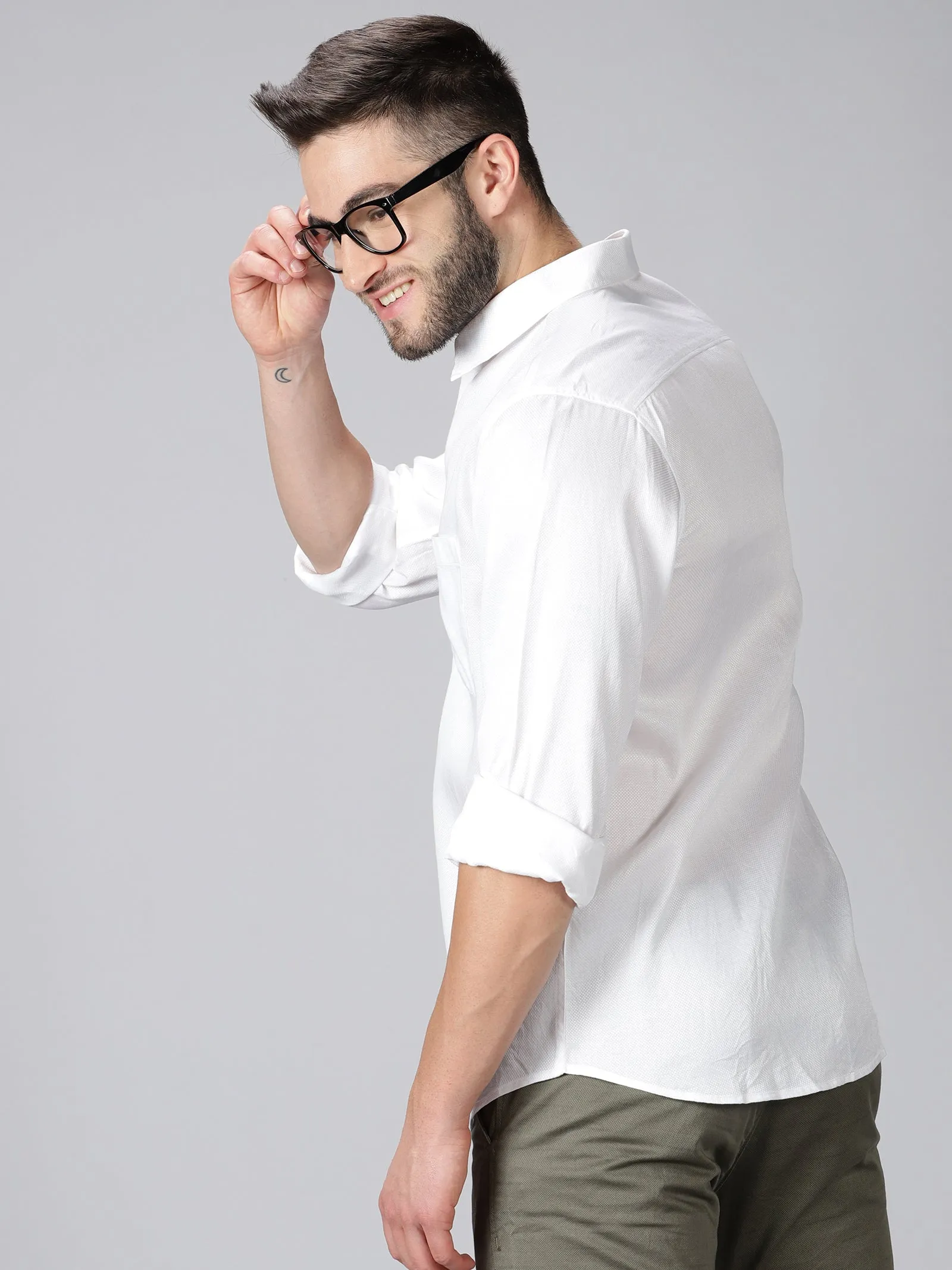 MEN'S DOBBY WHITE SOLID SLIM FIT SHIRT