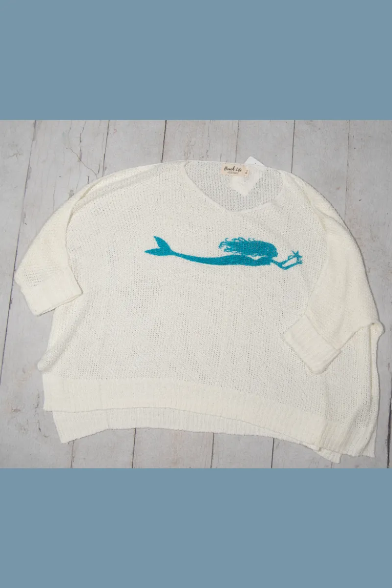 Mermaid Hand Painted Slouch White/Aqua