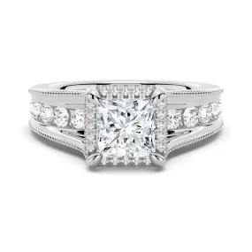 Milgrain Vintage Princess Cut & Round Moissanite Engagement Ring