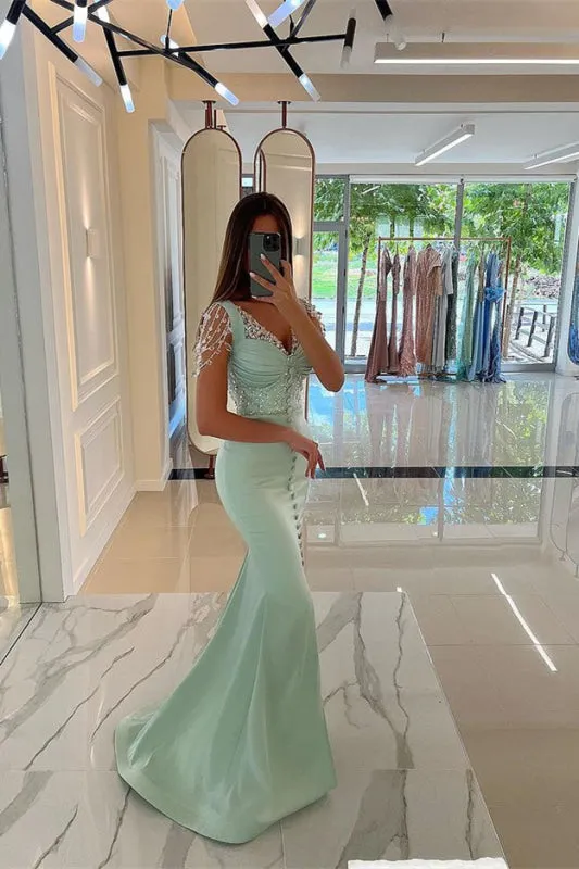 Mint Green Cap-Sleeve Prom Dress with Front Slit and Button Beads