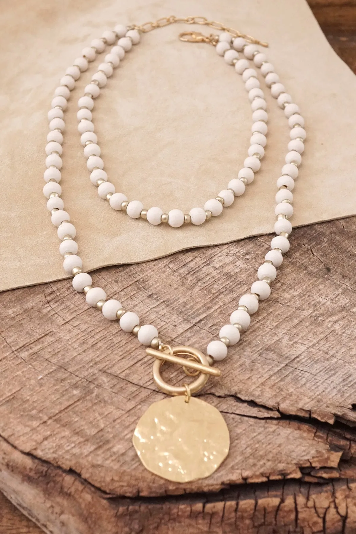 Multi Strand Wooden Beads Short Coin Necklace in Cream and Gold