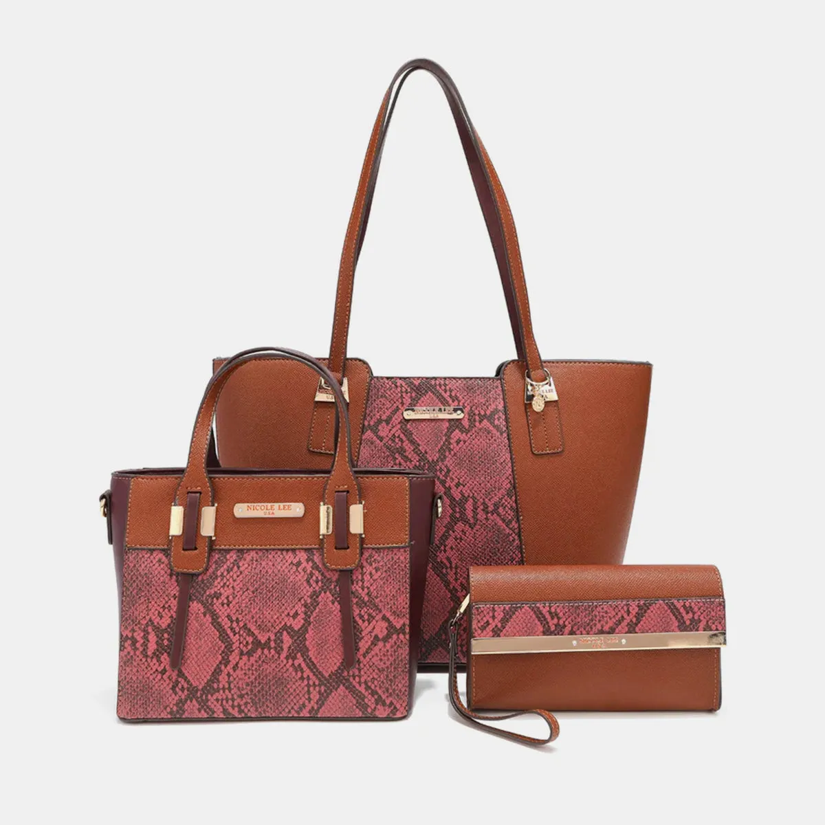 Nicole Lee USA 3-Piece Snake Print Handbag Set