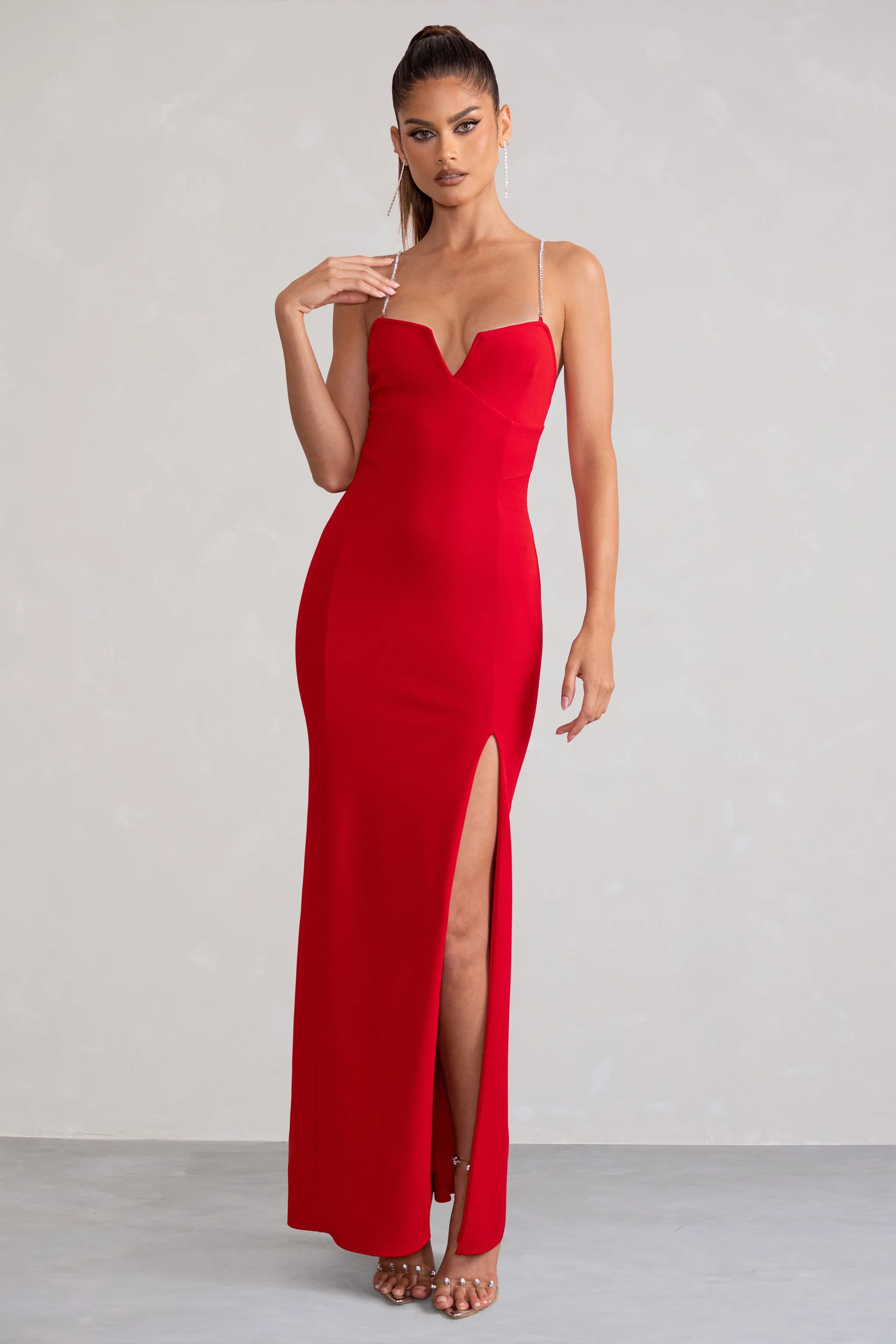 Notes To Self | Red Square Neck Thigh Split Maxi Dress