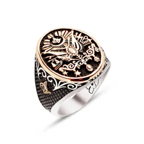 Ottoman Coat of Arms Ellipse Silver Men’s Ring Siding Bush Pattern and Dimond Pattern and Ottoman Tughra