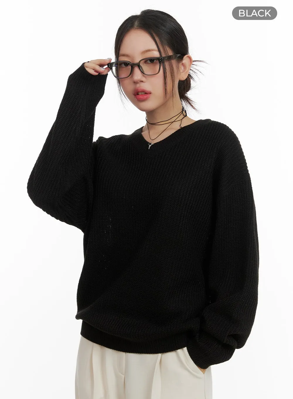 Oversized V-Neck Waffle Knit Sweater OA415