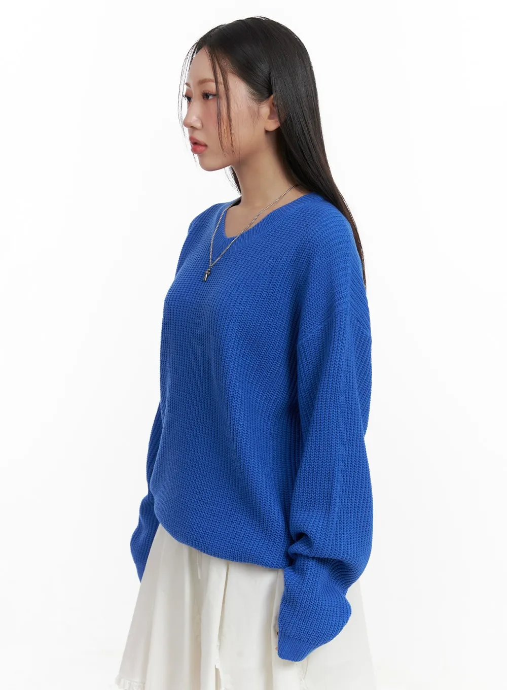 Oversized V-Neck Waffle Knit Sweater OA415