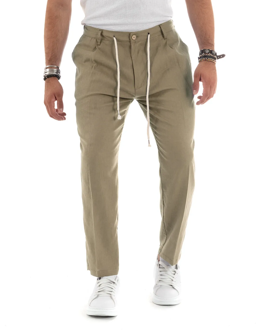 Pantaloni Uomo Lino Tasca America Basic Con Coulisse Elastico Sul Retro Casual Tinta Unita Fango GIOSAL-P6103A