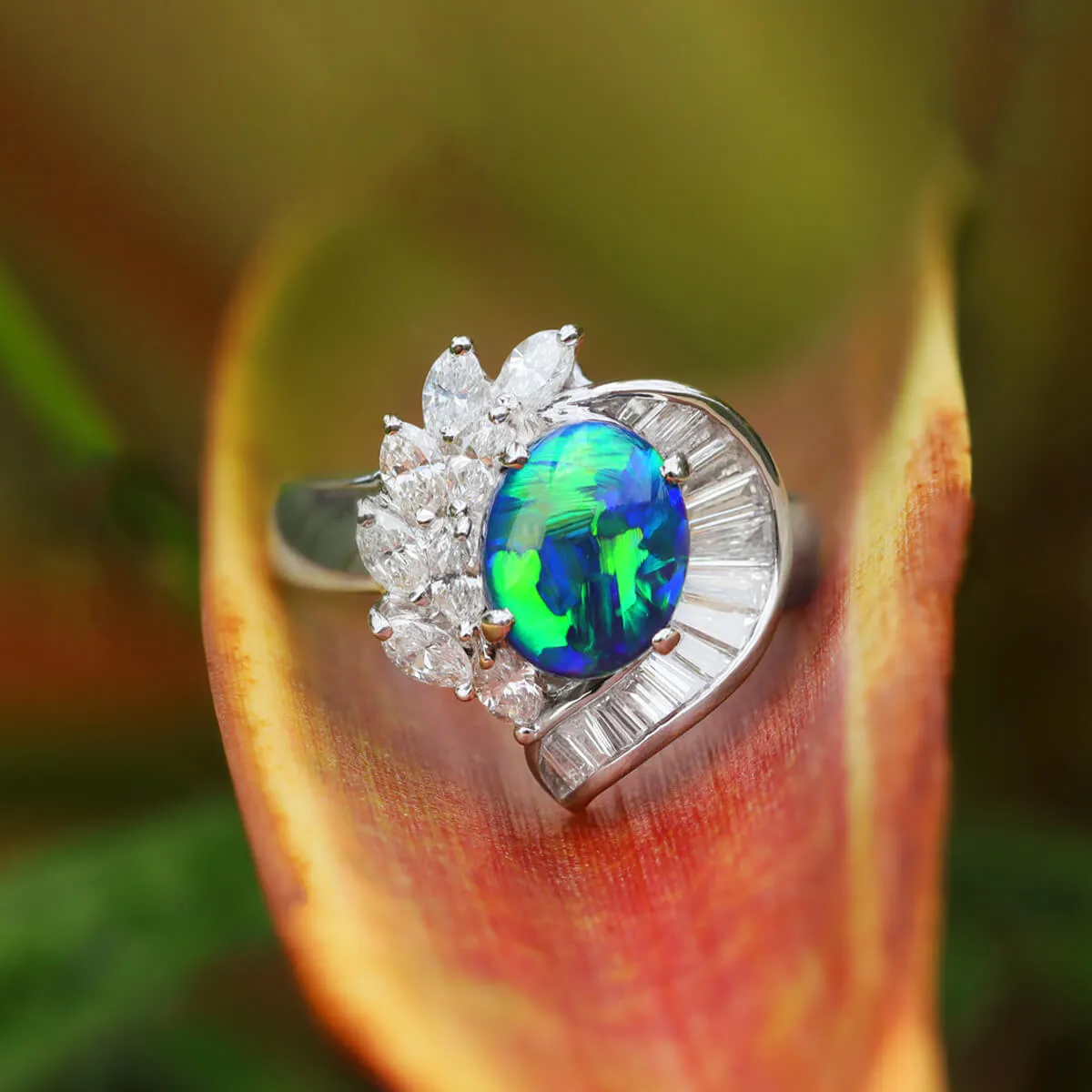 Peacock Flair Diamond & Opal Ring