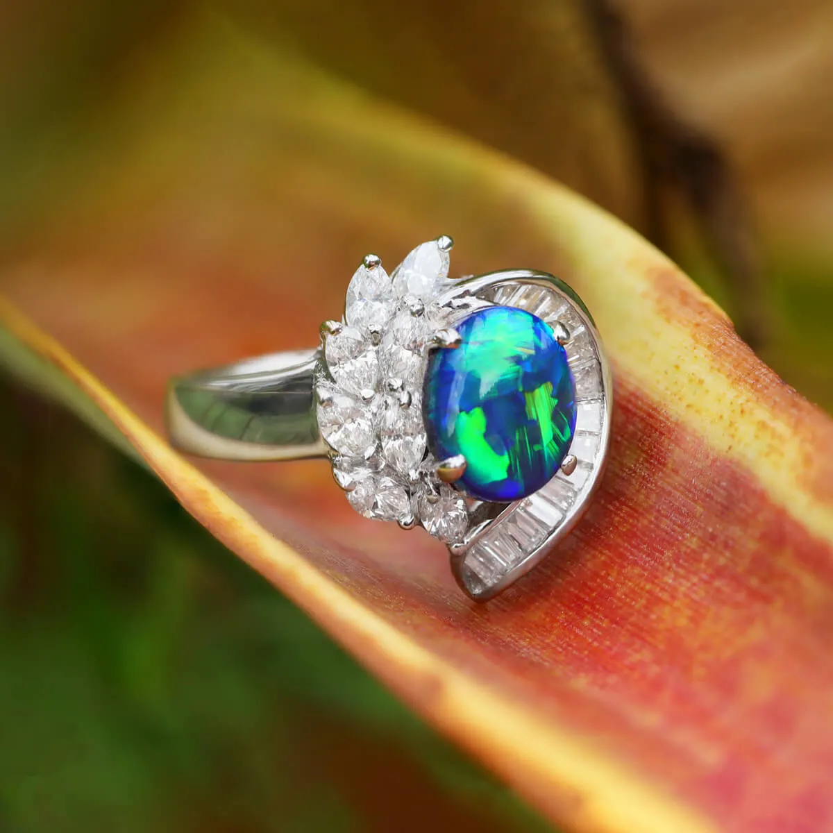 Peacock Flair Diamond & Opal Ring