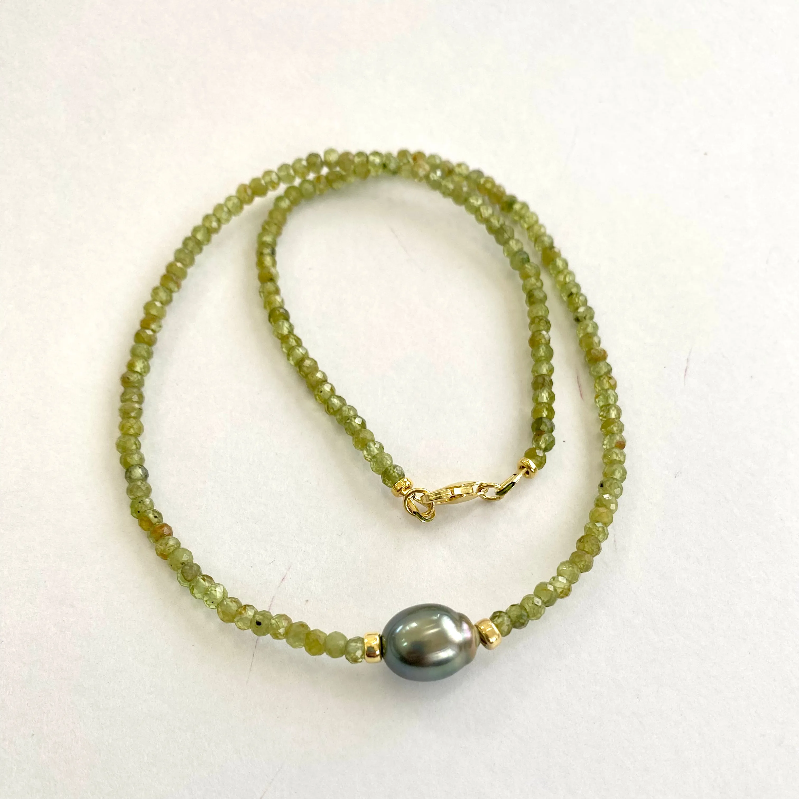 Peridot Necklace & Tahitian Baroque Pearl, Gold Vermeil Plated Silver, 17inch, August Birthstone