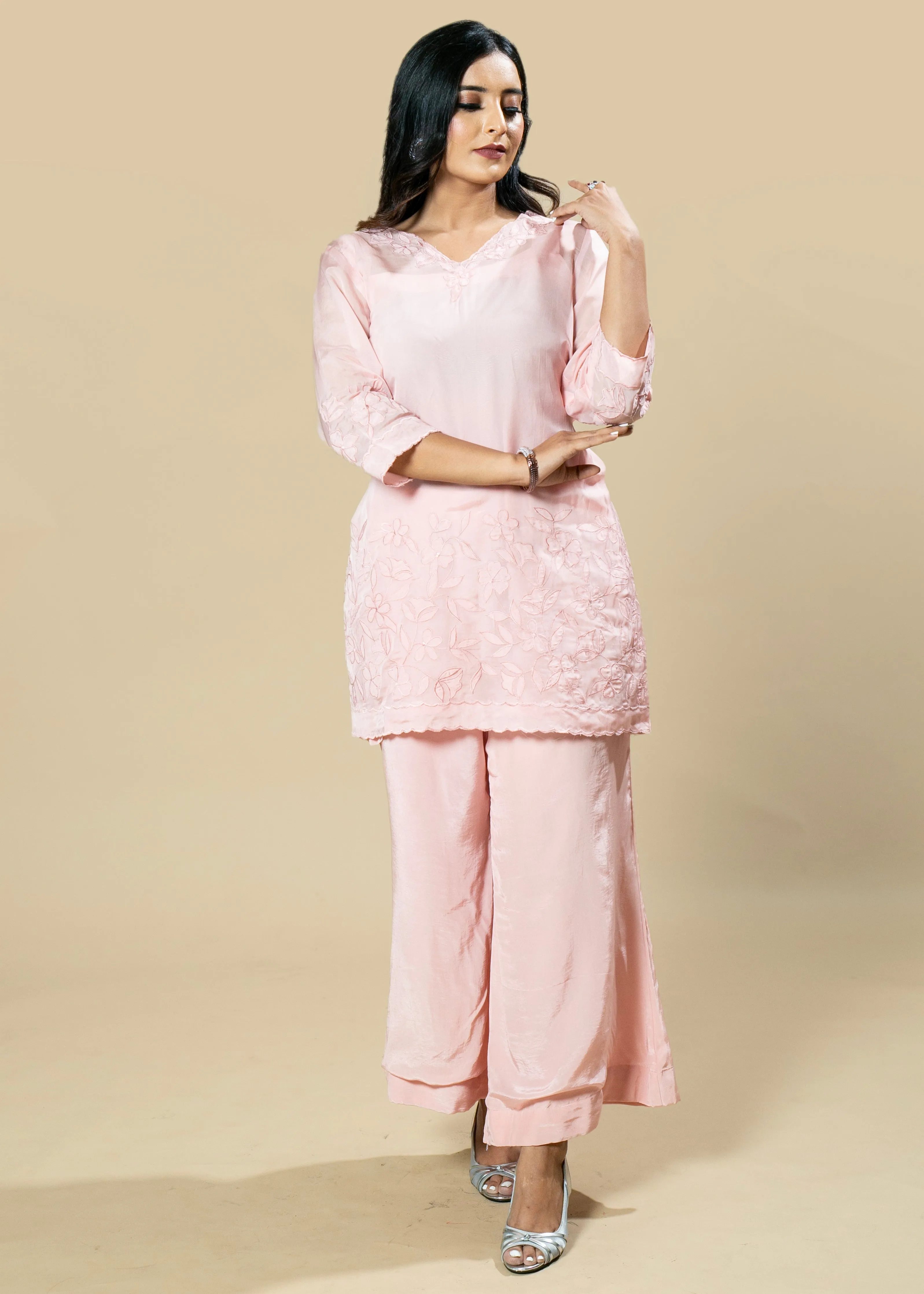 Pink Georgette Organza Handcrafted Applique Coord Set