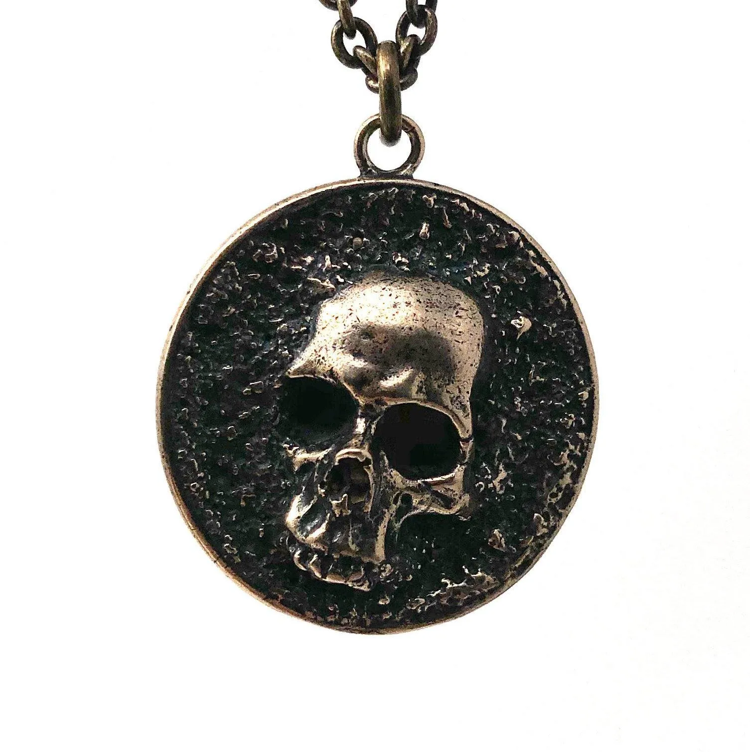 Pirate Skull Medallion Pendant Necklace Solid Gold Bronze