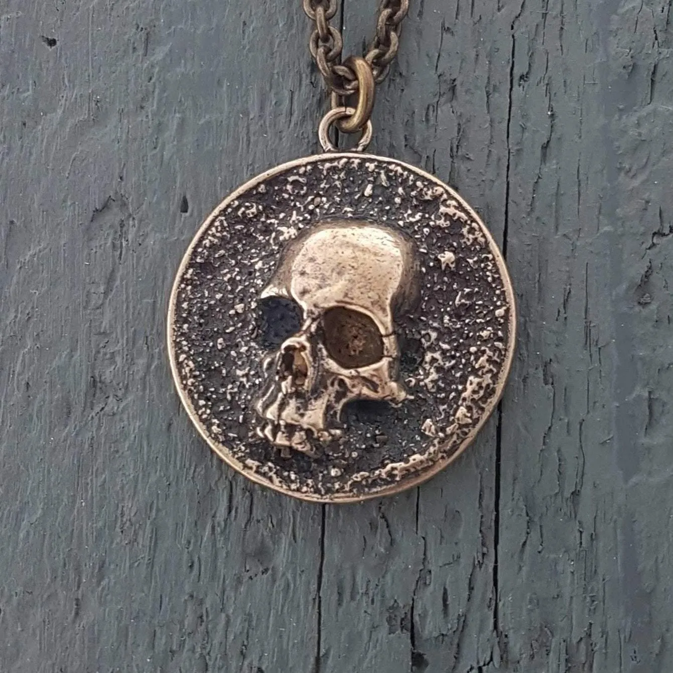 Pirate Skull Medallion Pendant Necklace Solid Gold Bronze