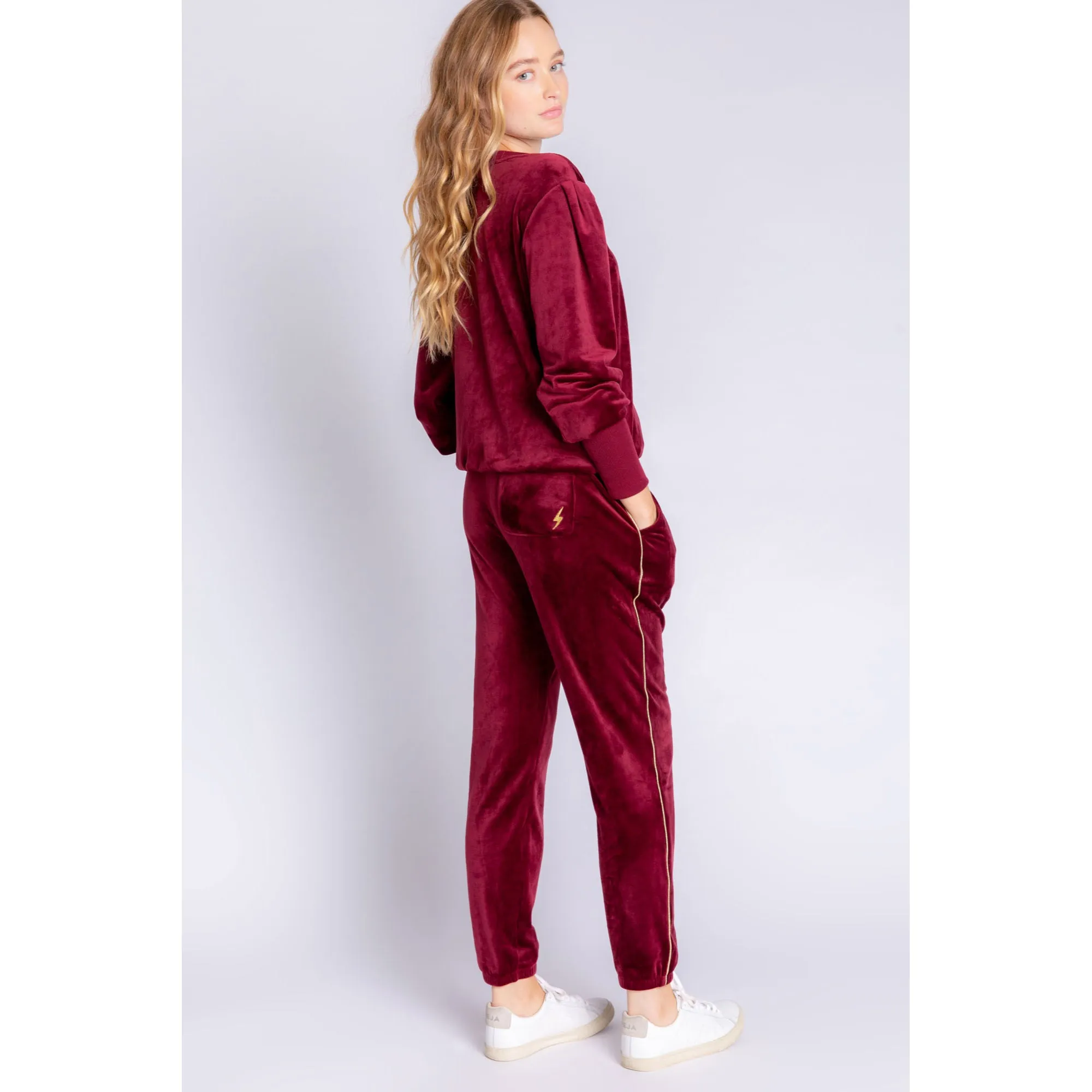 PJ Salvage Women's Velour Vanity Lightning Bolt Pants- PORT