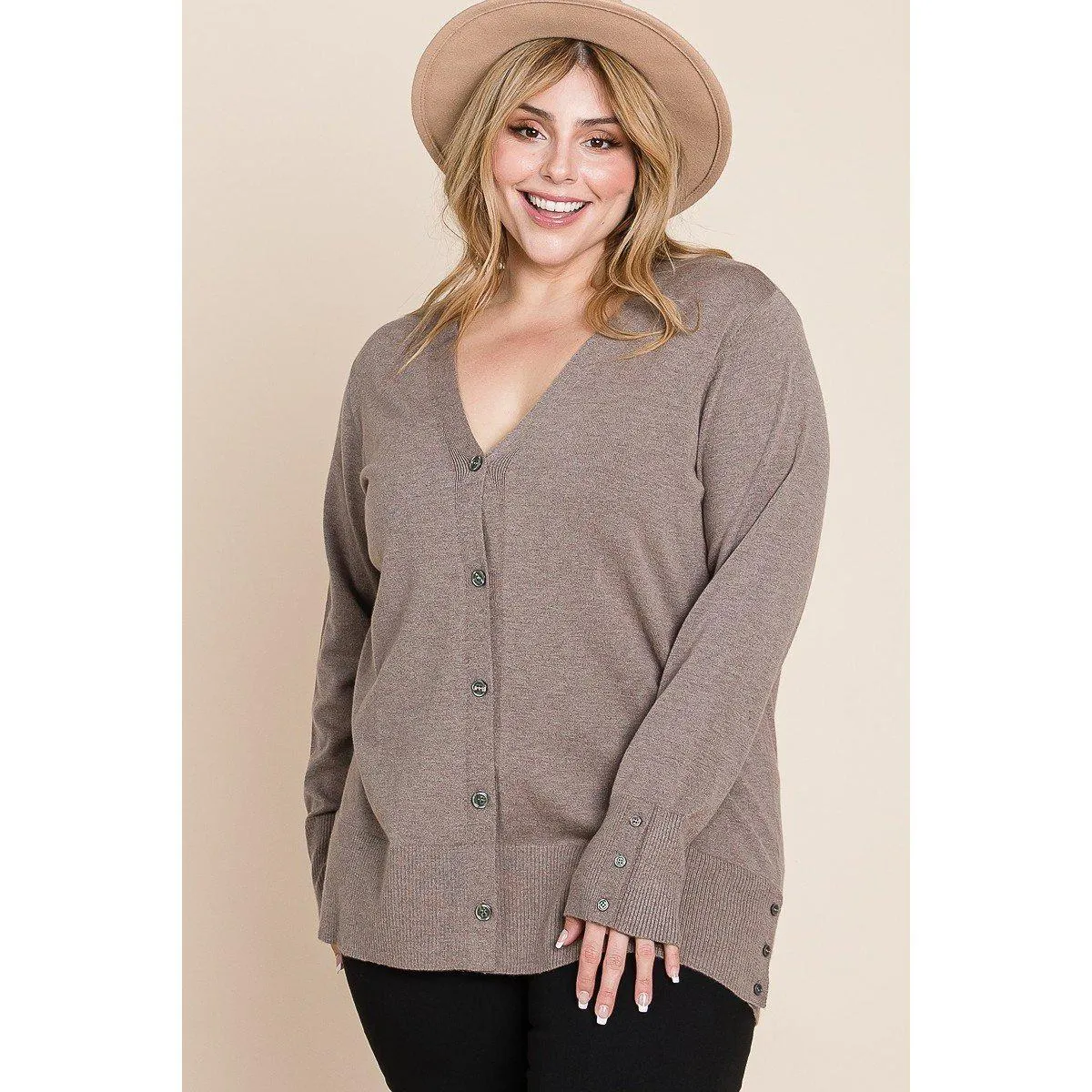 Plus Size Solid Buttery Soft V Neck Button Up High Quality Two Tone Knit Cardigan