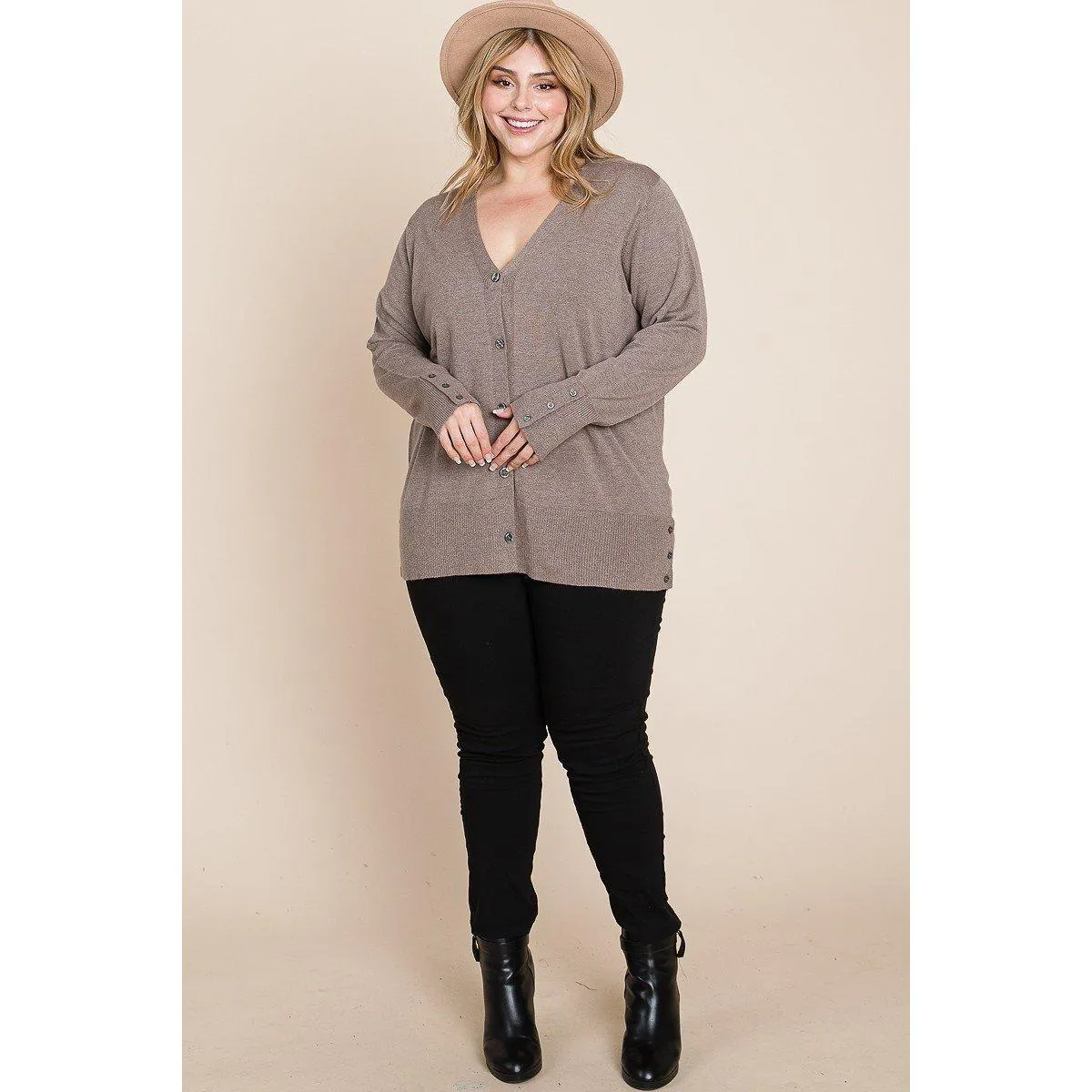 Plus Size Solid Buttery Soft V Neck Button Up High Quality Two Tone Knit Cardigan